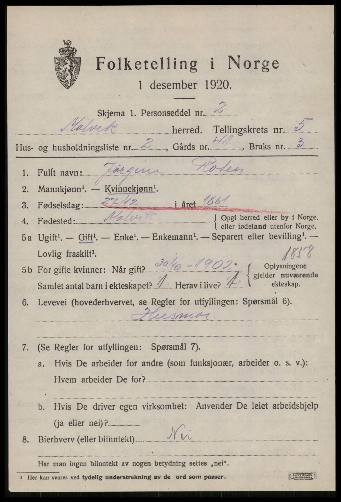 SAT, 1920 census for Malvik, 1920, p. 3198