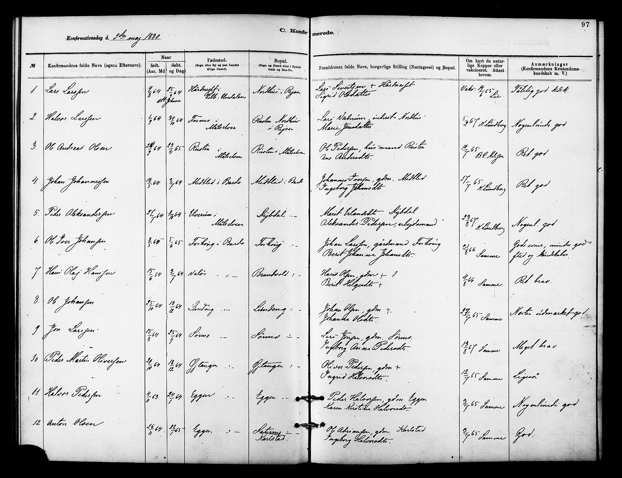 Målselv sokneprestembete, AV/SATØ-S-1311/G/Ga/Gaa/L0009kirke: Parish register (official) no. 9, 1878-1889, p. 97