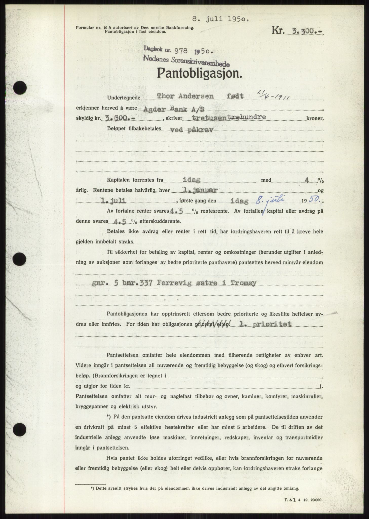 Nedenes sorenskriveri, AV/SAK-1221-0006/G/Gb/Gbb/L0007: Mortgage book no. B7, 1949-1950, Diary no: : 978/1950