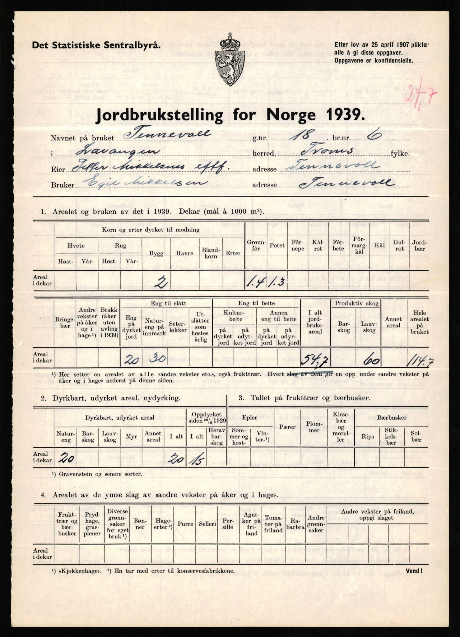 Statistisk sentralbyrå, Næringsøkonomiske emner, Jordbruk, skogbruk, jakt, fiske og fangst, AV/RA-S-2234/G/Gb/L0339: Troms: Andørja, Astafjord og Lavangen, 1939, p. 1288
