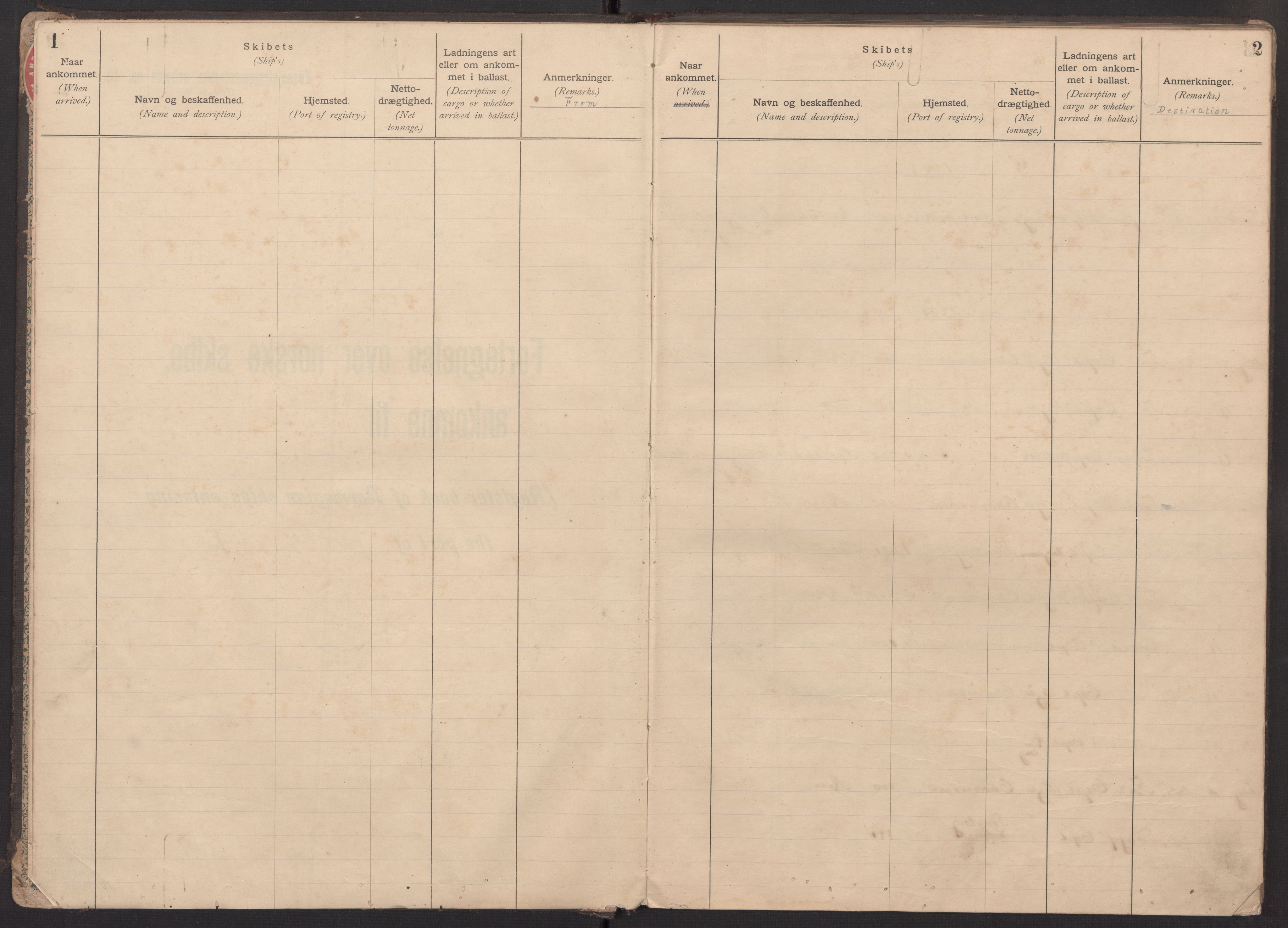 Utenriksstasjonene, Visekonsulatet i Amoy, Kina, AV/RA-S-3513/C/Ca/L0001: Register over norske skipsanløp., 1908-1941, p. 1-2