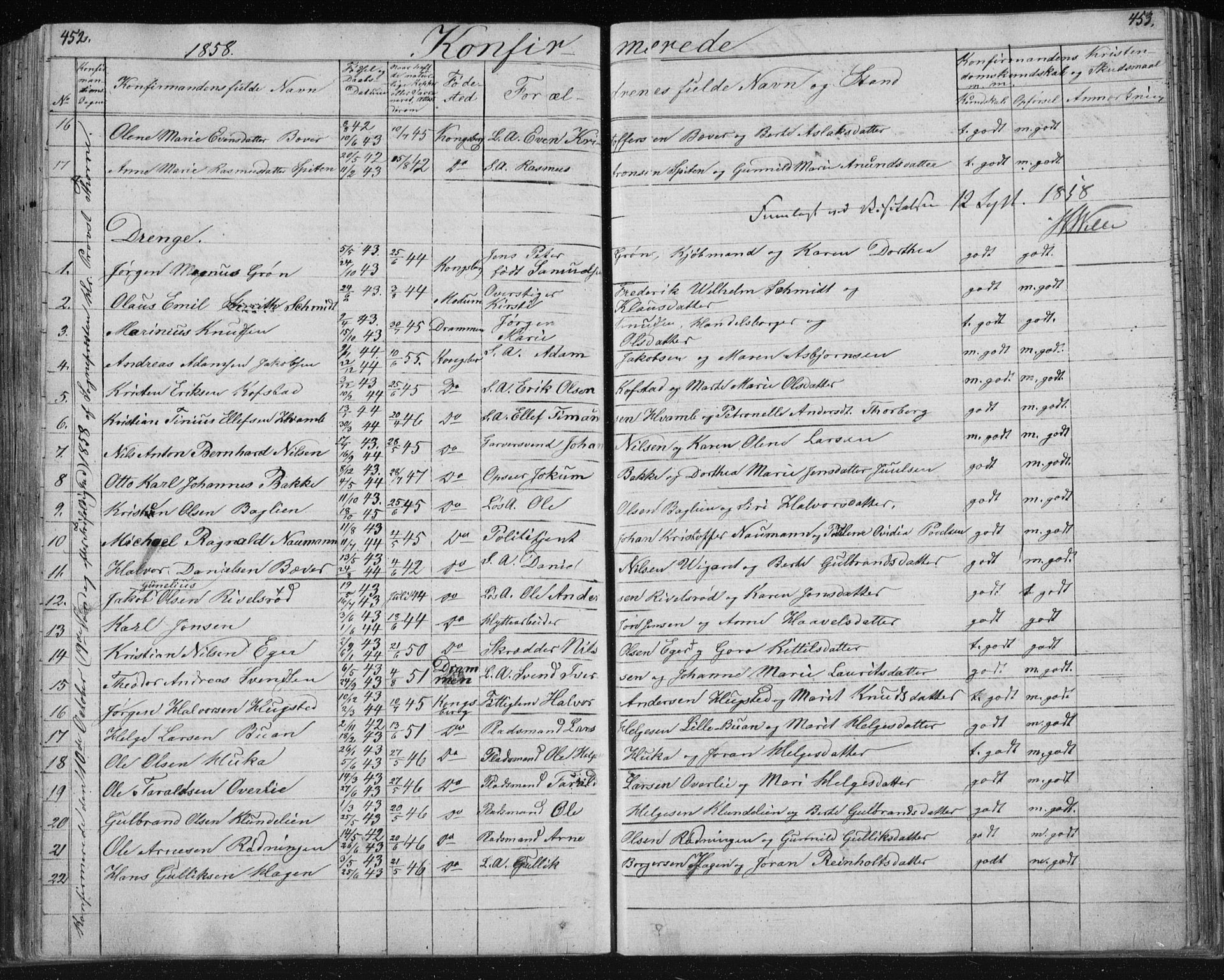 Kongsberg kirkebøker, AV/SAKO-A-22/F/Fa/L0009: Parish register (official) no. I 9, 1839-1858, p. 452-453