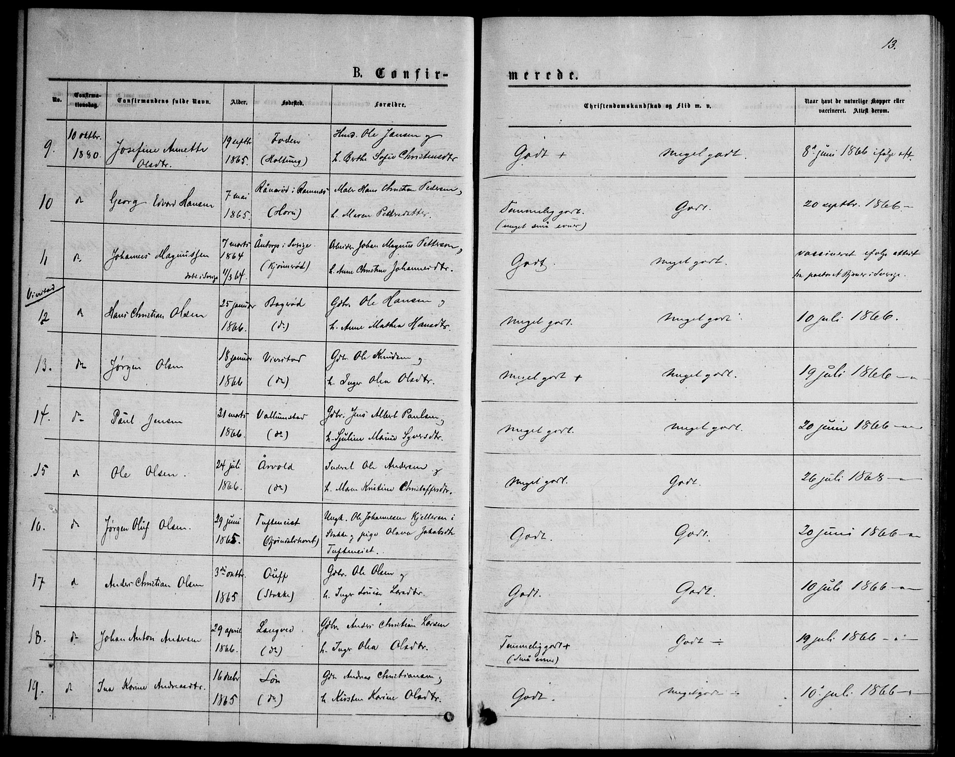 Ramnes kirkebøker, AV/SAKO-A-314/F/Fd/L0002: Curate's parish register no. IV 2, 1872-1886, p. 13