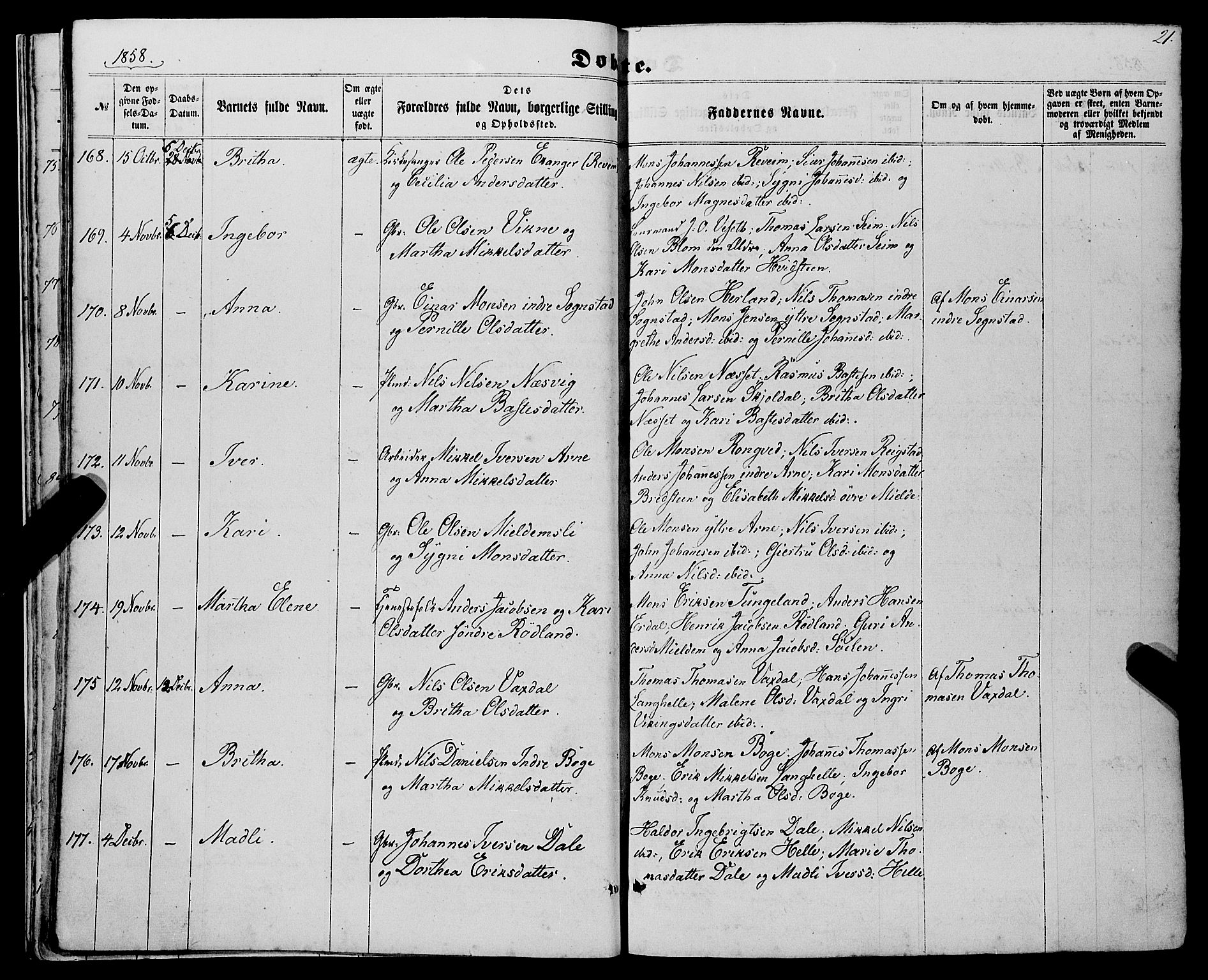 Haus sokneprestembete, AV/SAB-A-75601/H/Haa: Parish register (official) no. A 17, 1858-1870, p. 21