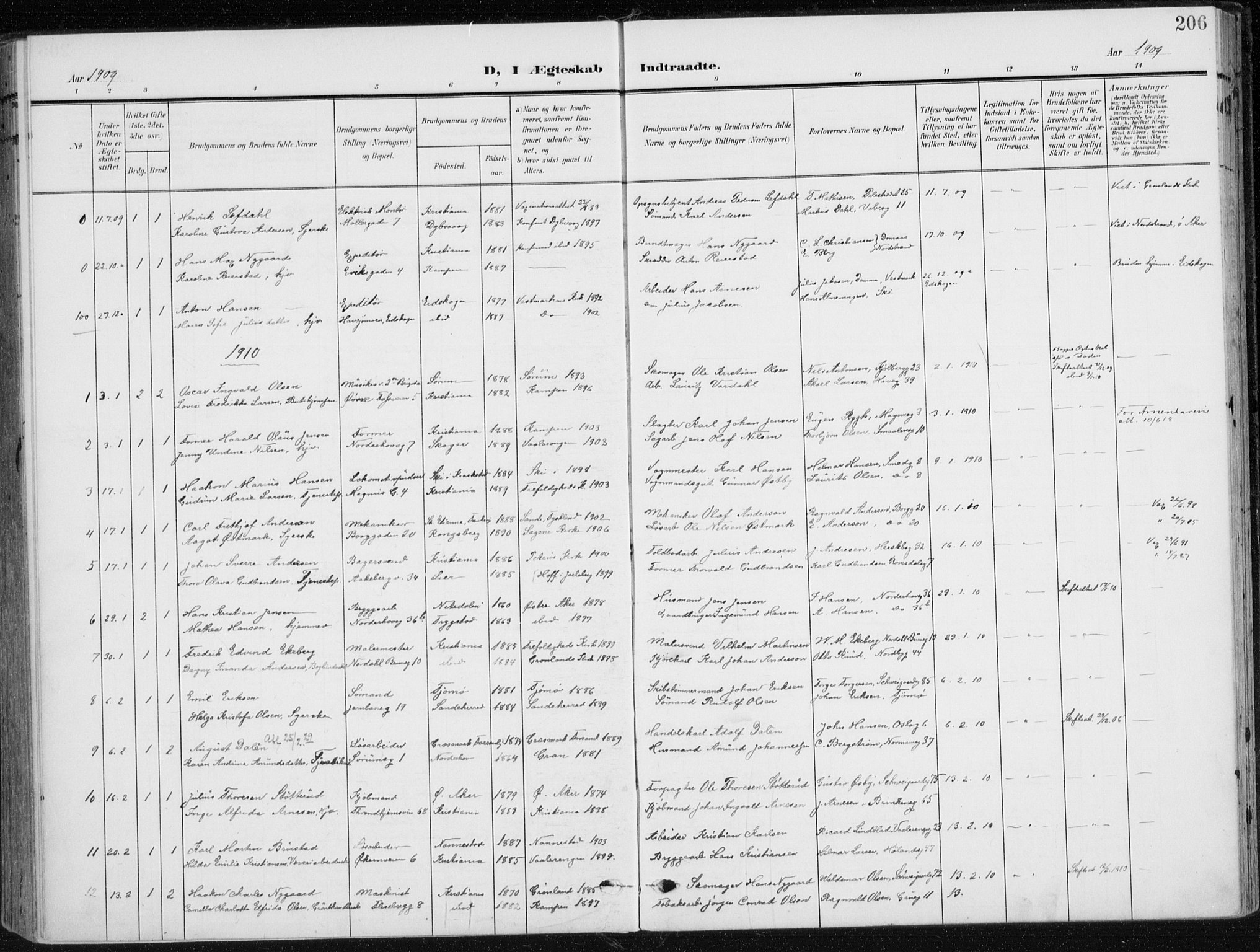 Kampen prestekontor Kirkebøker, SAO/A-10853/F/Fa/L0011: Parish register (official) no. I 11, 1907-1917, p. 206