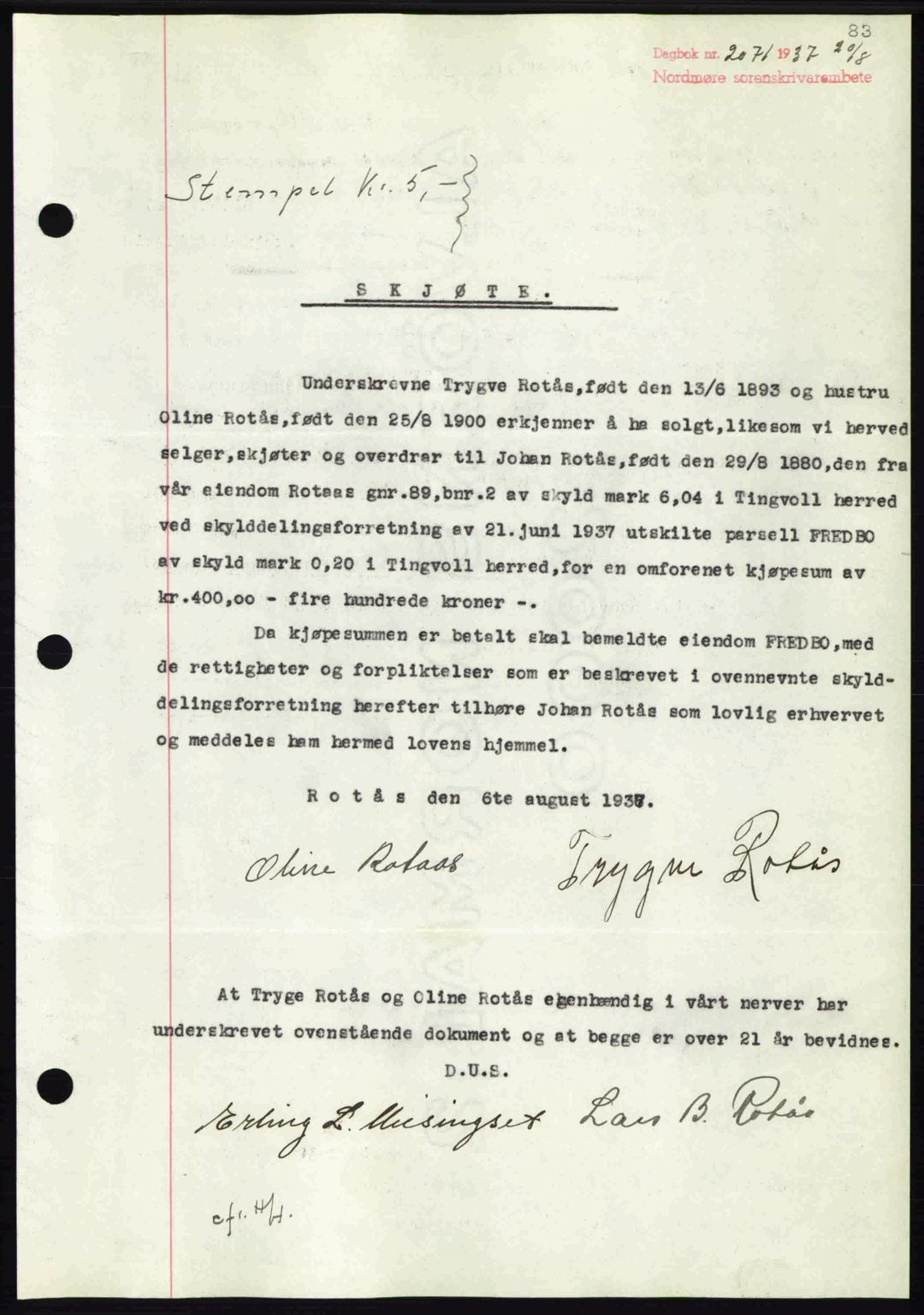 Nordmøre sorenskriveri, SAT/A-4132/1/2/2Ca: Mortgage book no. A82, 1937-1938, Diary no: : 2071/1937