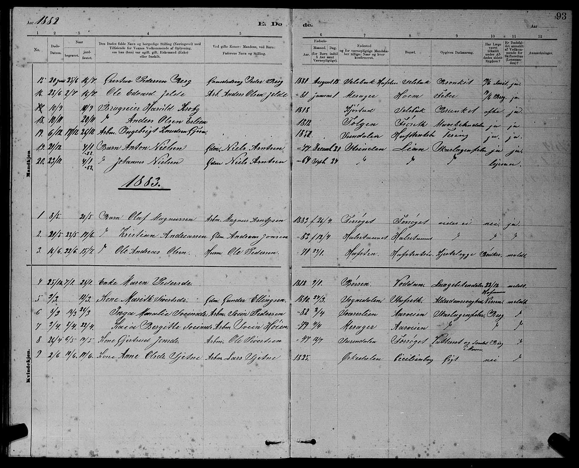 Ministerialprotokoller, klokkerbøker og fødselsregistre - Sør-Trøndelag, AV/SAT-A-1456/611/L0354: Parish register (copy) no. 611C02, 1881-1896, p. 93