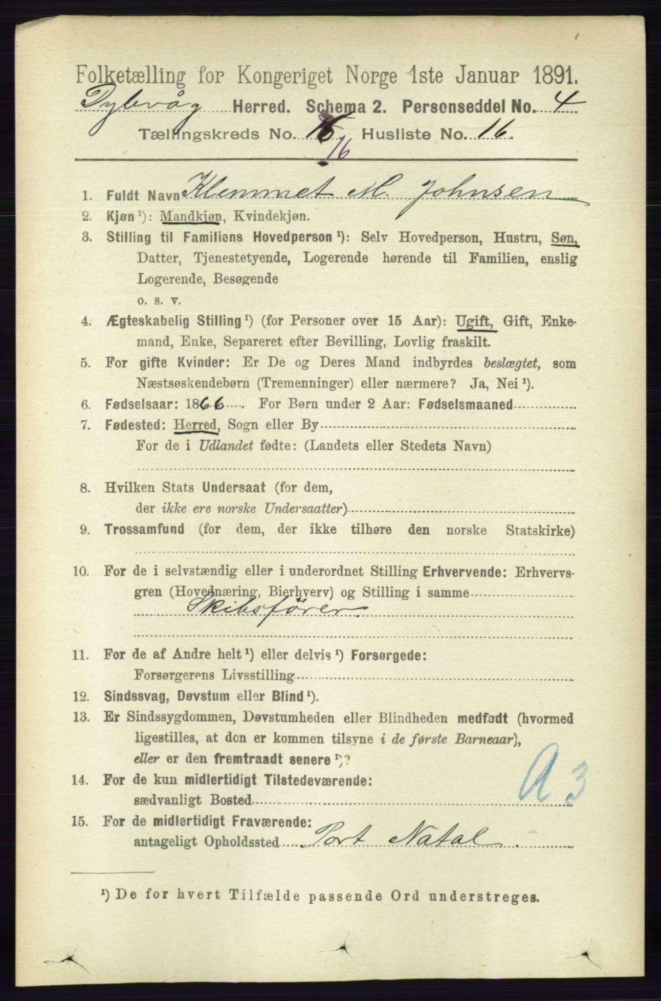 RA, 1891 census for 0915 Dypvåg, 1891, p. 6494