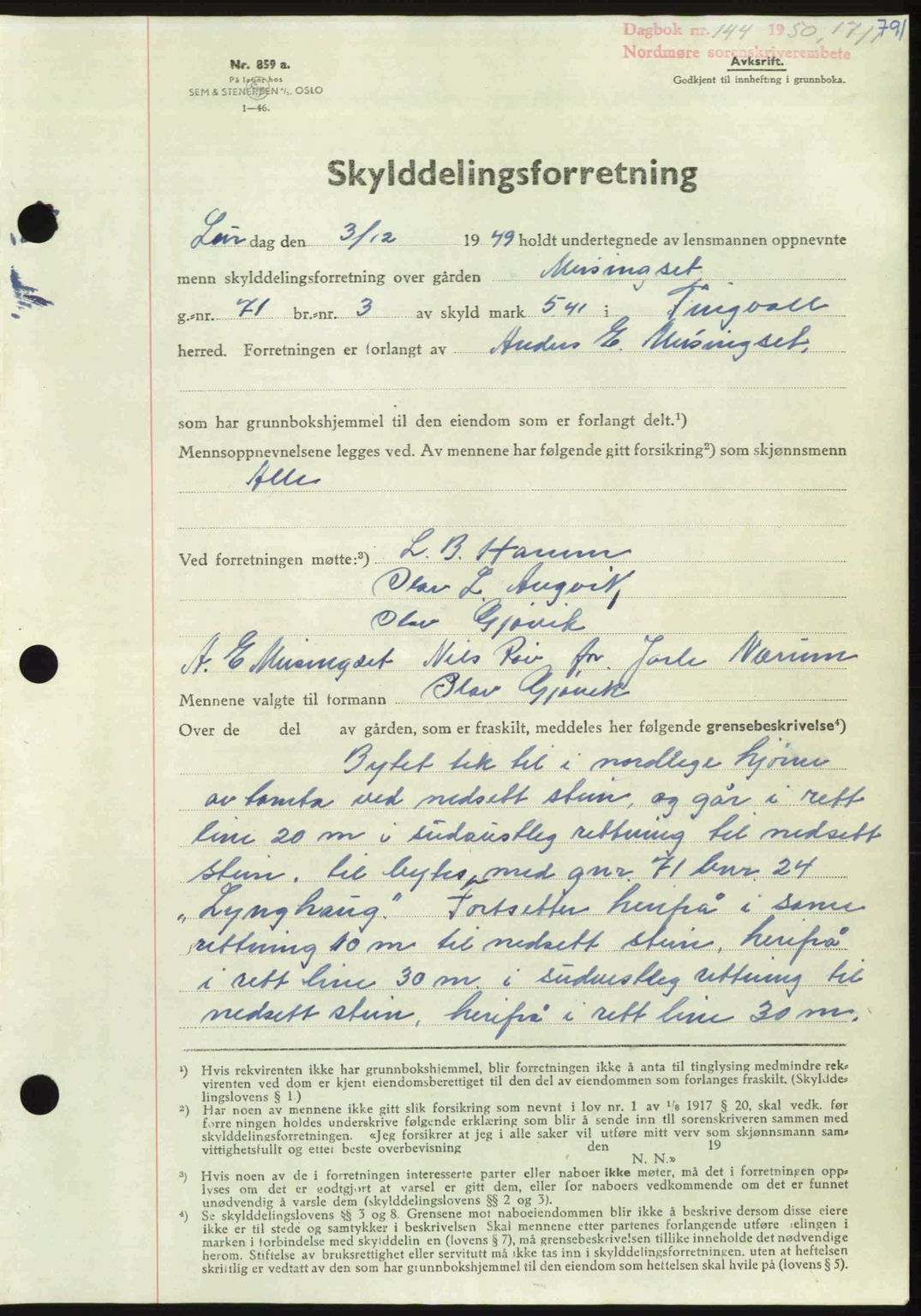 Nordmøre sorenskriveri, AV/SAT-A-4132/1/2/2Ca: Mortgage book no. A113, 1949-1950, Diary no: : 144/1950