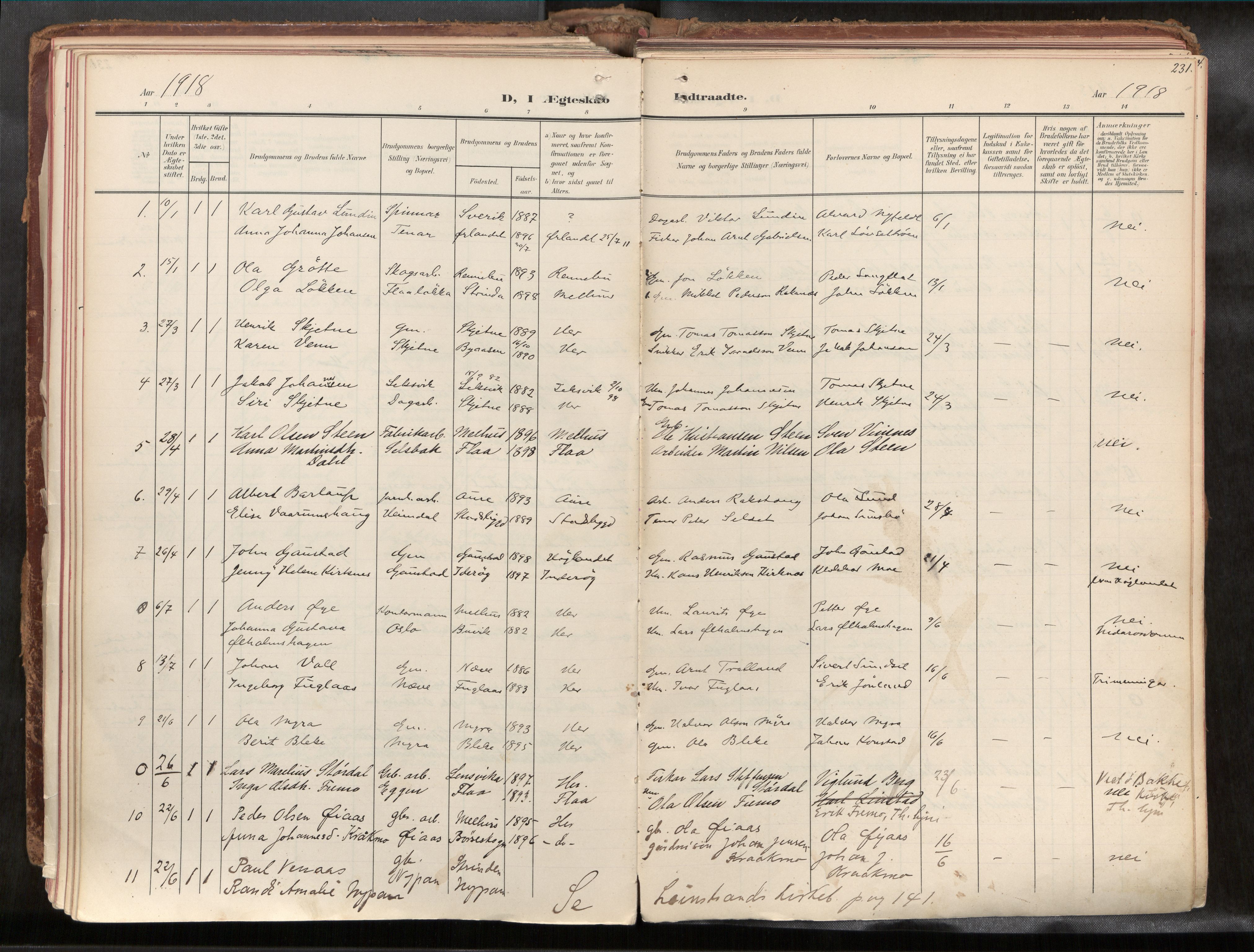Ministerialprotokoller, klokkerbøker og fødselsregistre - Sør-Trøndelag, SAT/A-1456/691/L1085b: Parish register (official) no. 691A18, 1908-1930, p. 231