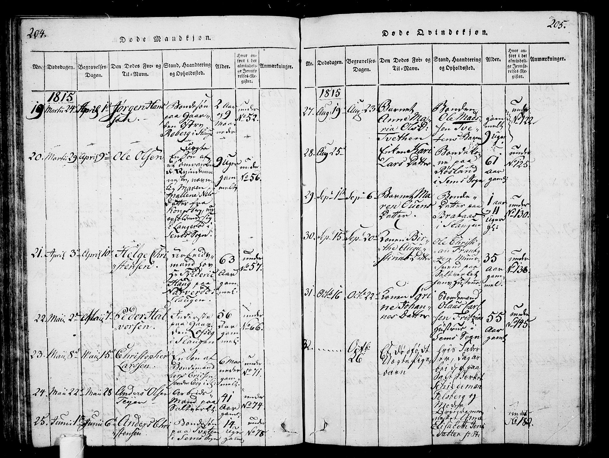 Sem kirkebøker, AV/SAKO-A-5/G/Ga/L0001: Parish register (copy) no. I 1, 1814-1825, p. 204-205