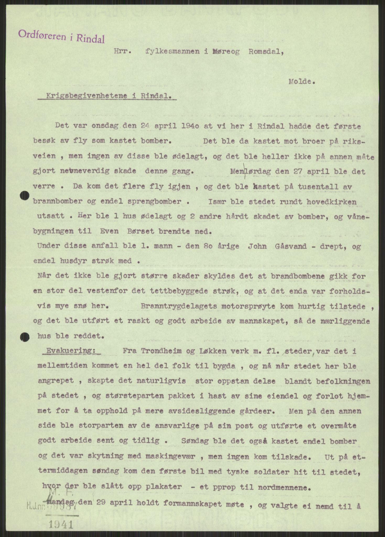 Forsvaret, Forsvarets krigshistoriske avdeling, AV/RA-RAFA-2017/Y/Ya/L0015: II-C-11-31 - Fylkesmenn.  Rapporter om krigsbegivenhetene 1940., 1940, p. 743