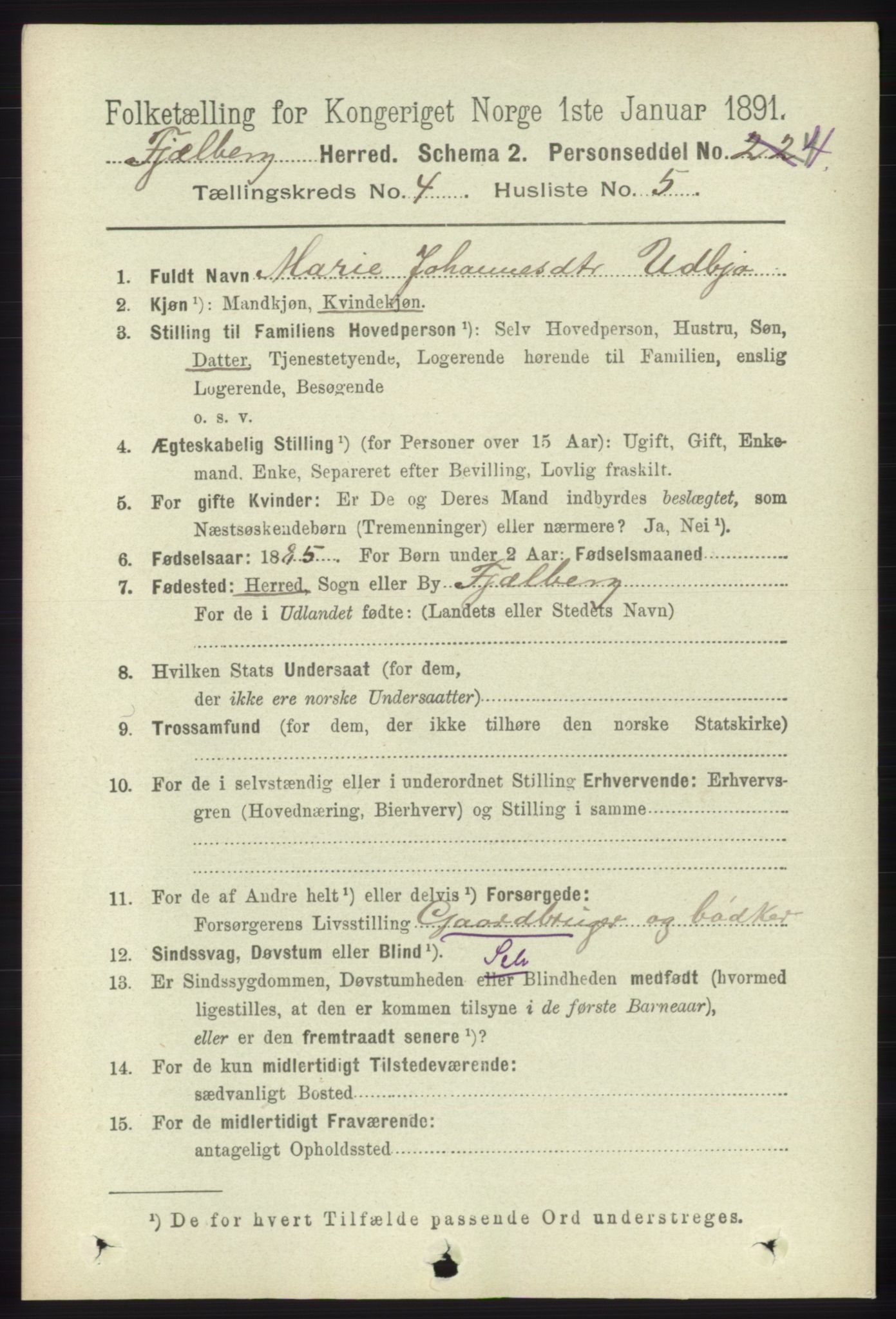 RA, 1891 census for 1213 Fjelberg, 1891, p. 1192