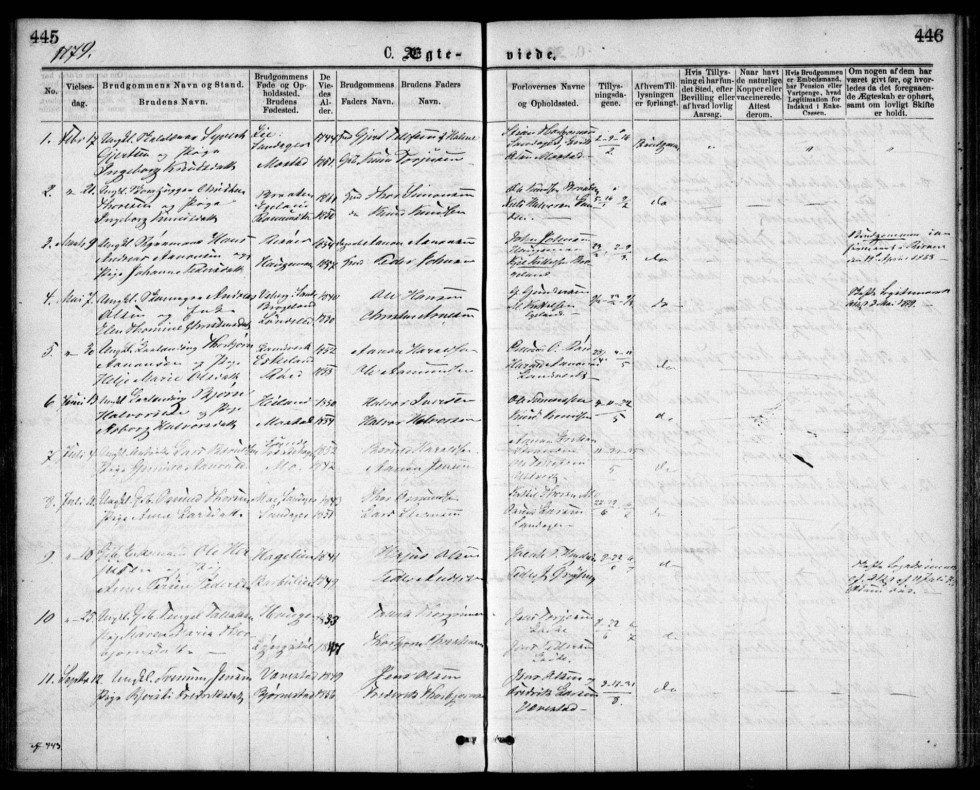 Gjerstad sokneprestkontor, AV/SAK-1111-0014/F/Fa/Faa/L0008: Parish register (official) no. A 8, 1876-1884, p. 445-446