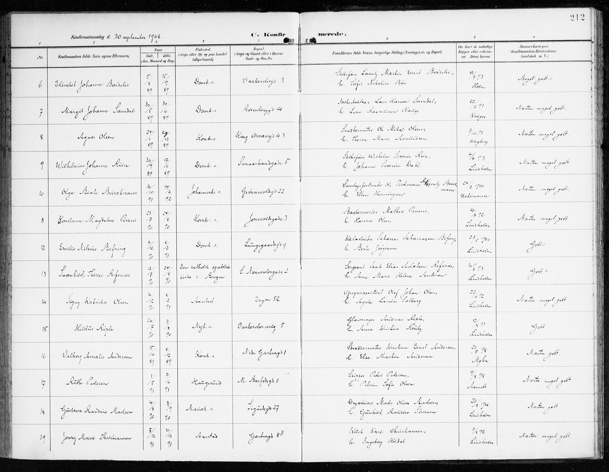 Domkirken sokneprestembete, AV/SAB-A-74801/H/Haa/L0031: Parish register (official) no. C 6, 1898-1915, p. 212