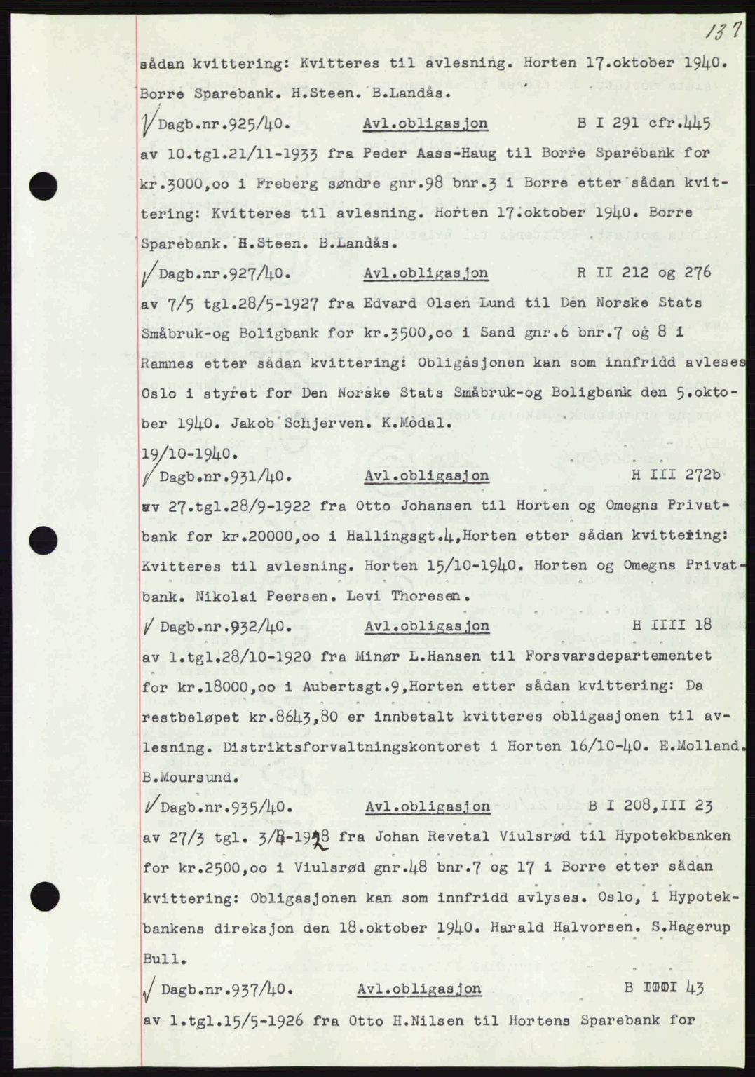 Horten sorenskriveri, AV/SAKO-A-133/G/Ga/Gab/L0002: Mortgage book no. B-3 - B-4, 1938-1941, Diary no: : 925/1940