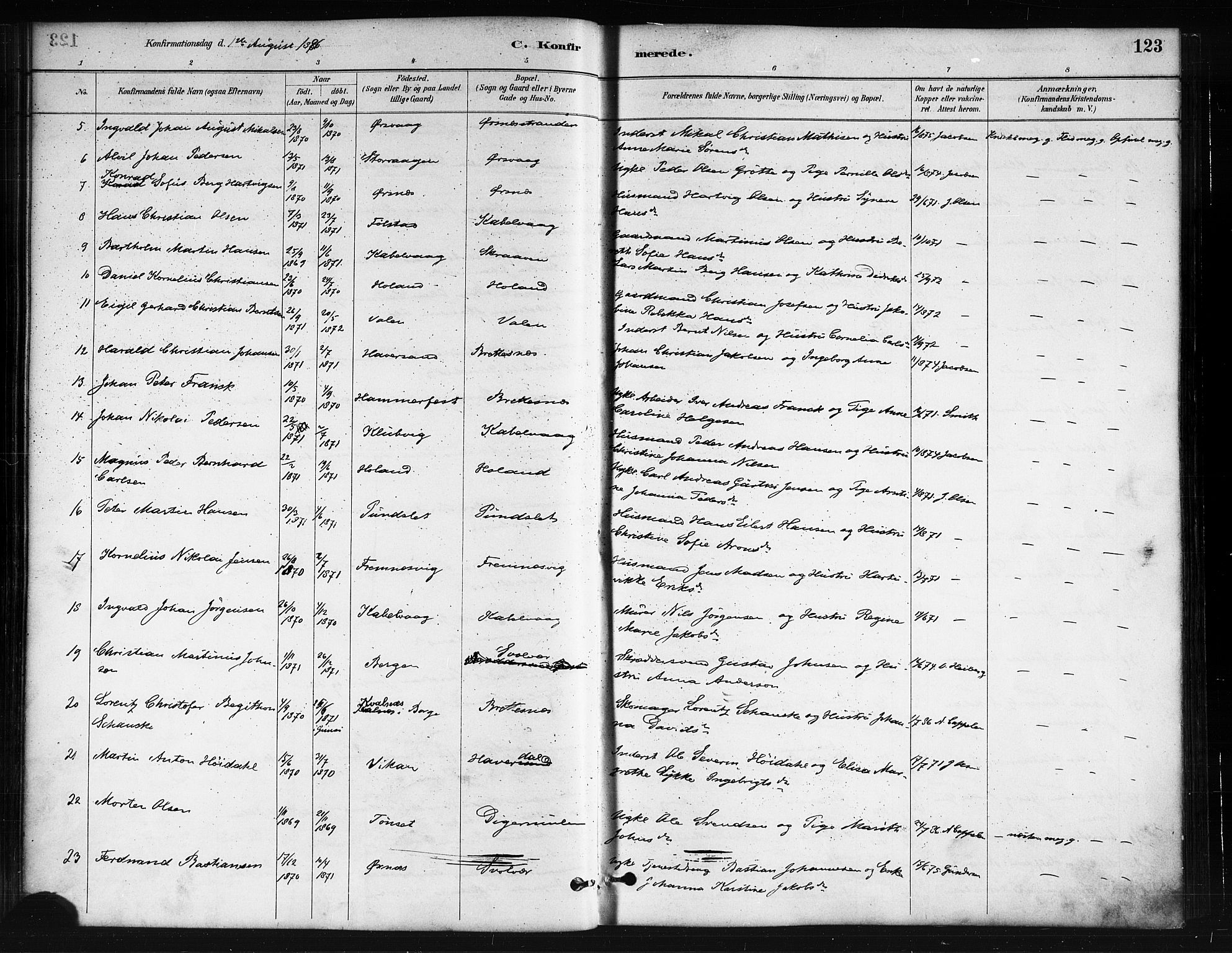 Ministerialprotokoller, klokkerbøker og fødselsregistre - Nordland, AV/SAT-A-1459/874/L1059: Parish register (official) no. 874A03, 1884-1890, p. 123