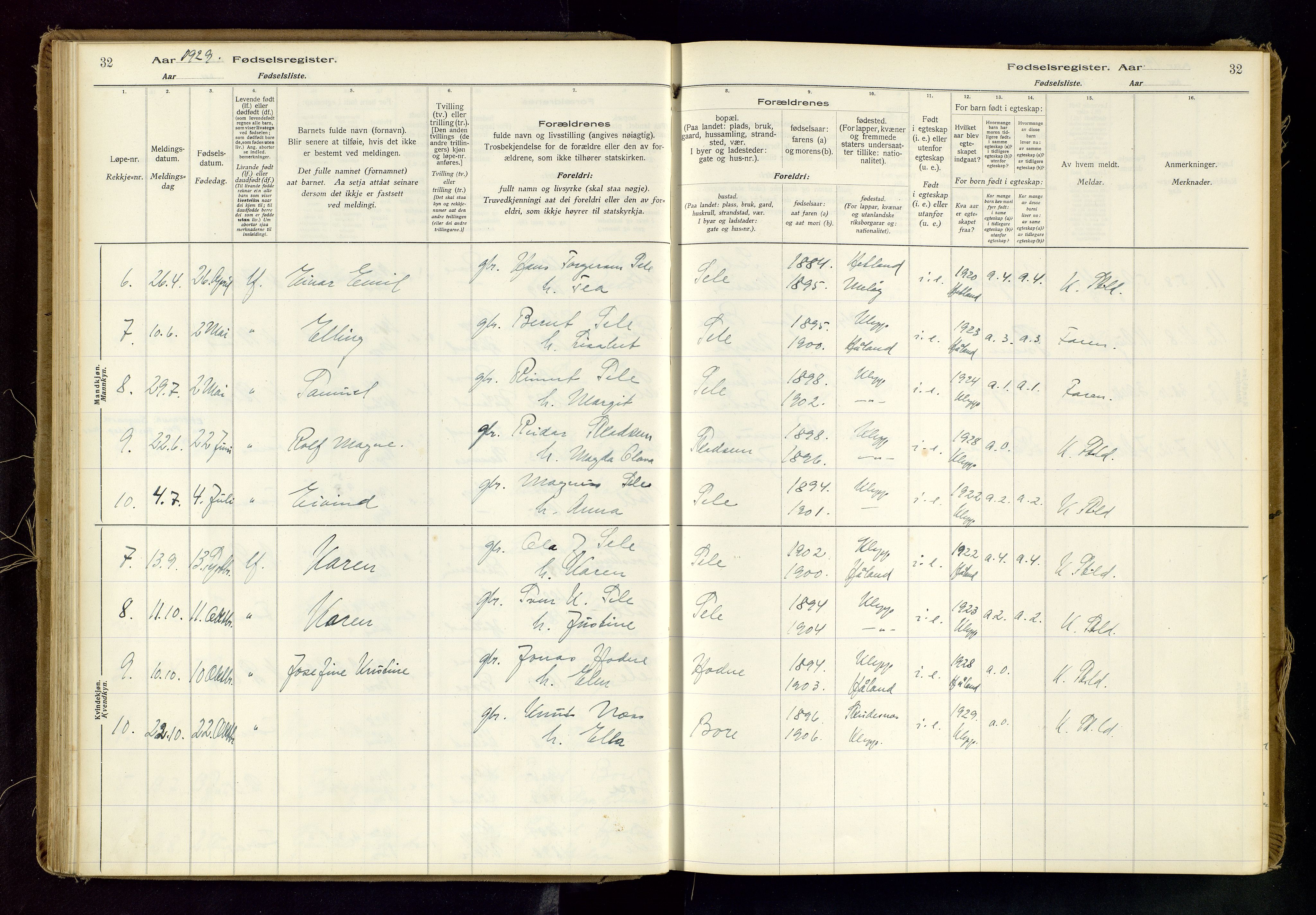 Klepp sokneprestkontor, AV/SAST-A-101803/001/704BAB/L0001: Birth register no. 1, 1916-1976, p. 32