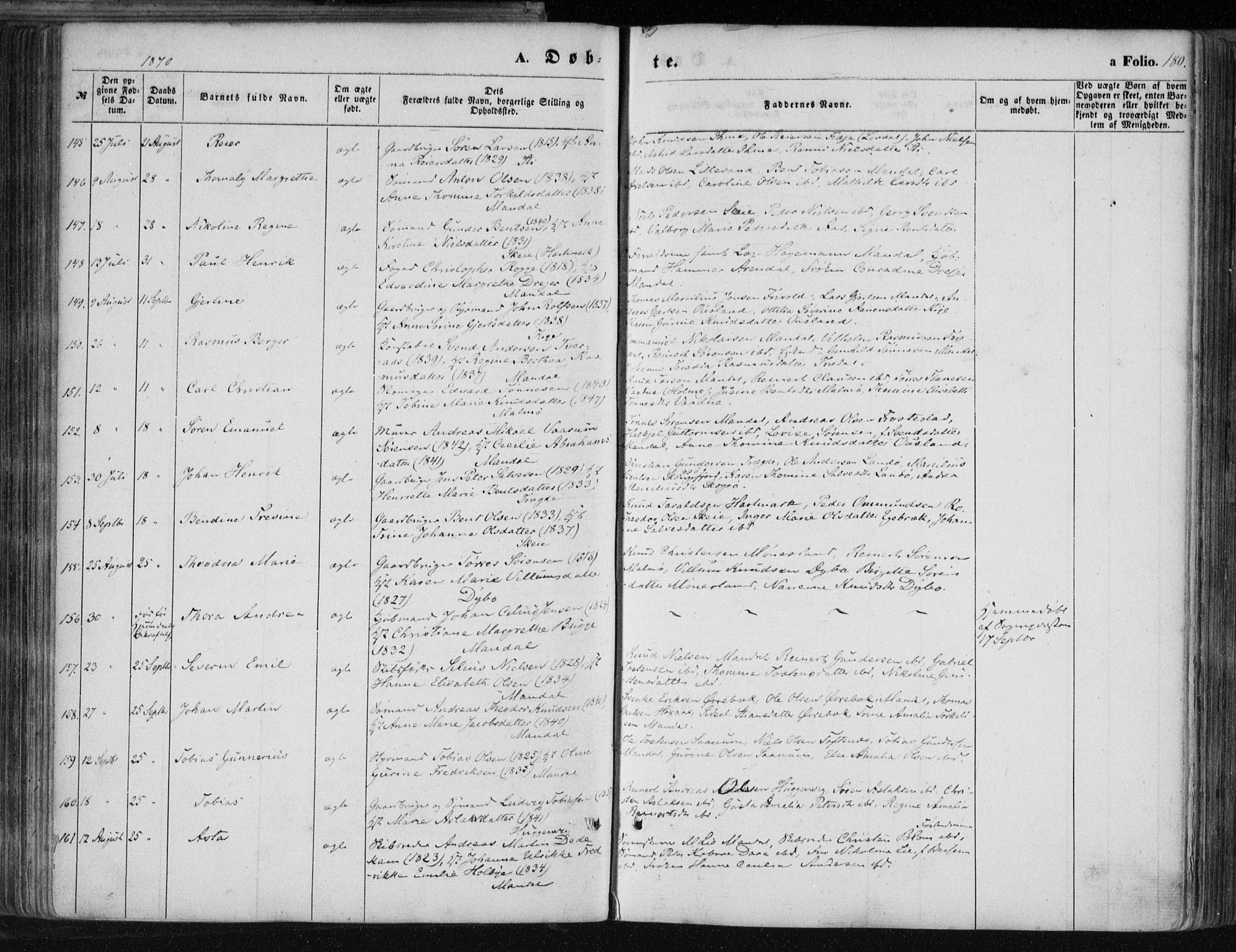 Mandal sokneprestkontor, AV/SAK-1111-0030/F/Fa/Faa/L0014: Parish register (official) no. A 14, 1859-1872, p. 180