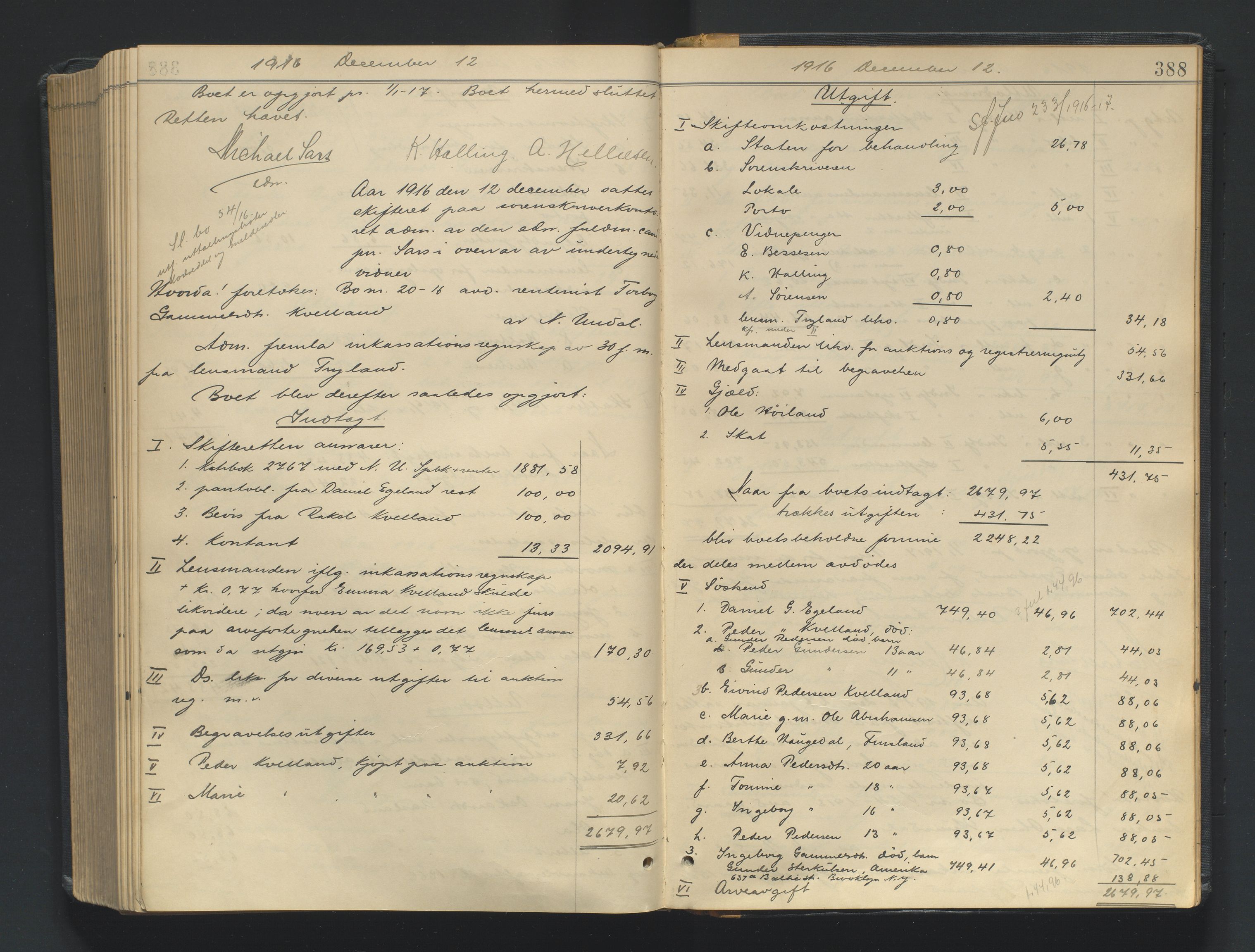 Mandal sorenskriveri, AV/SAK-1221-0005/001/H/Hc/L0098: Skifteutlodningsprotokoll nr 7, 1910-1917, p. 388