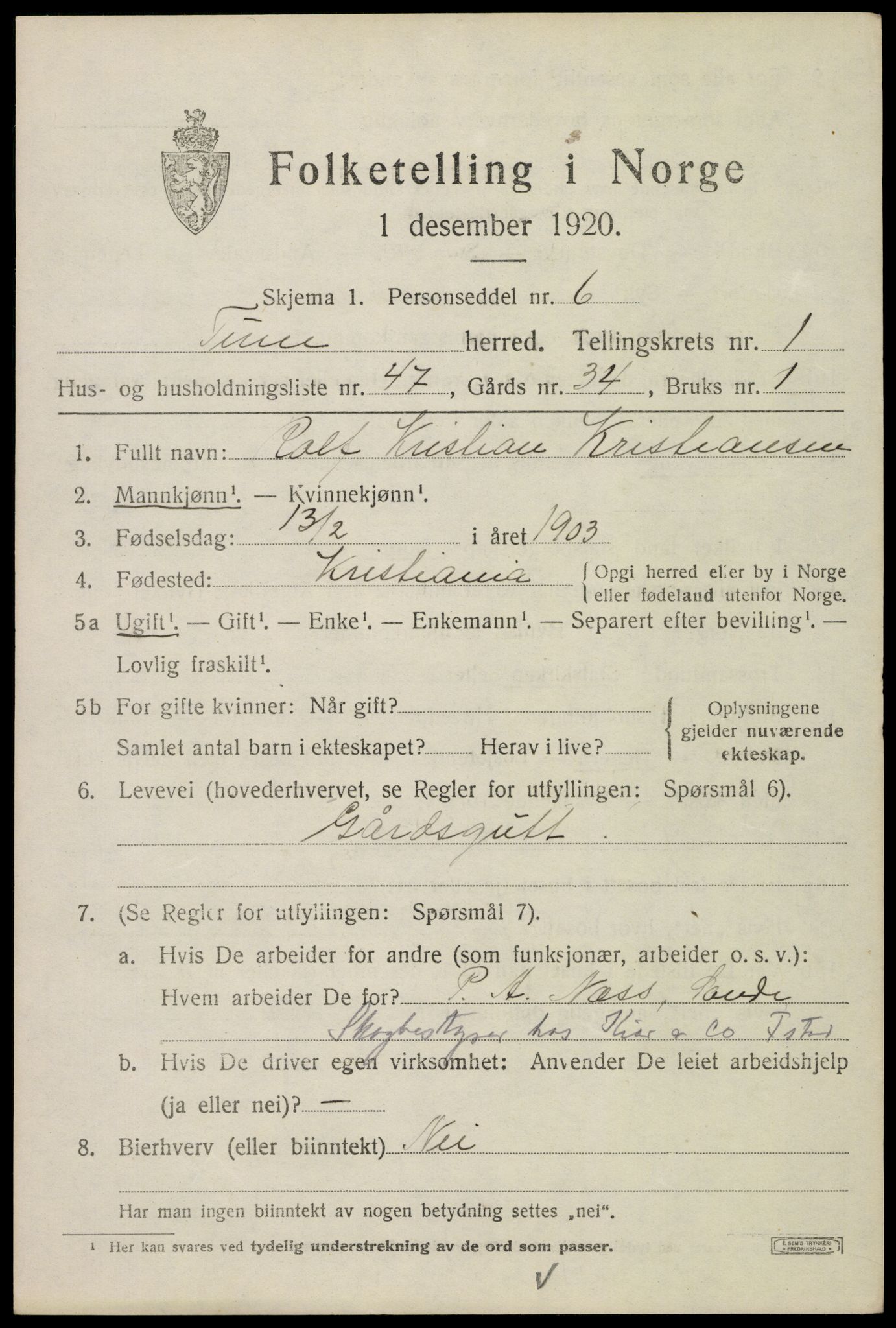 SAO, 1920 census for Tune, 1920, p. 2858