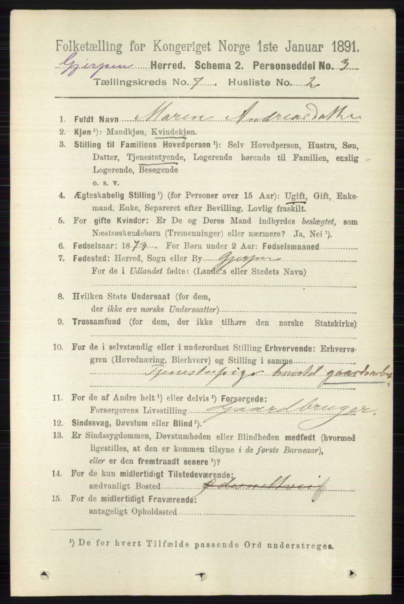 RA, 1891 census for 0812 Gjerpen, 1891, p. 3409