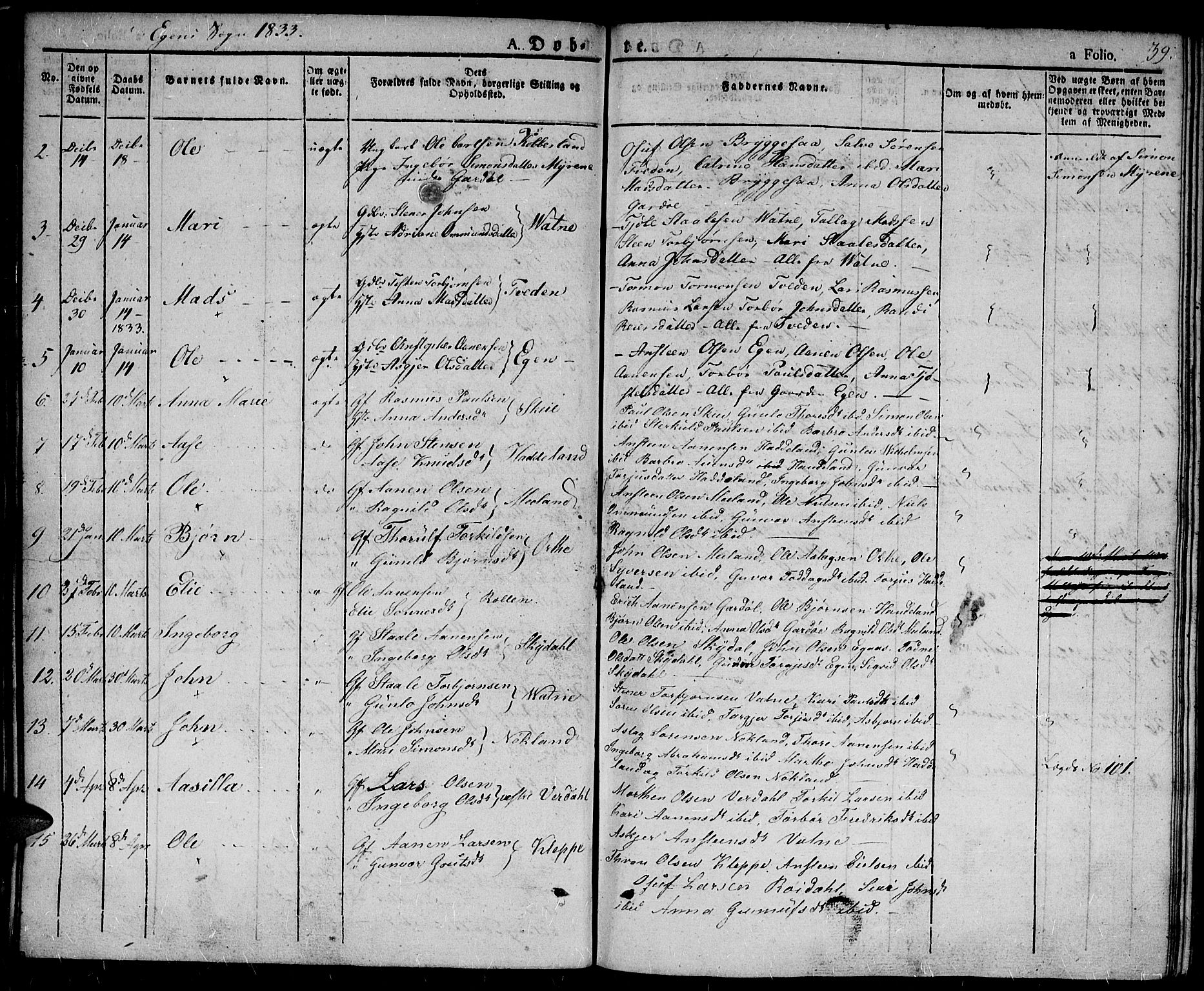 Hægebostad sokneprestkontor, SAK/1111-0024/F/Fa/Fab/L0001: Parish register (official) no. A 1, 1823-1867, p. 39