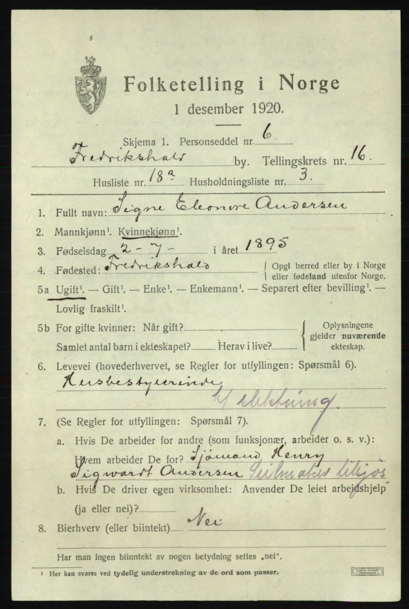 SAO, 1920 census for Fredrikshald, 1920, p. 25401