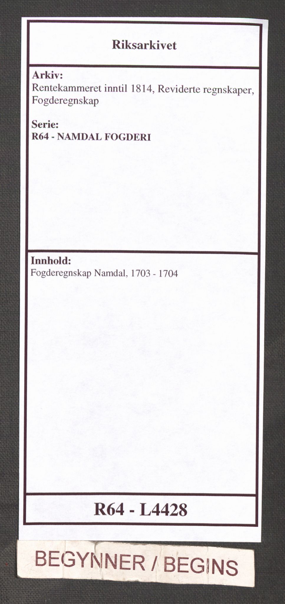 Rentekammeret inntil 1814, Reviderte regnskaper, Fogderegnskap, RA/EA-4092/R64/L4428: Fogderegnskap Namdal, 1703-1704, p. 1