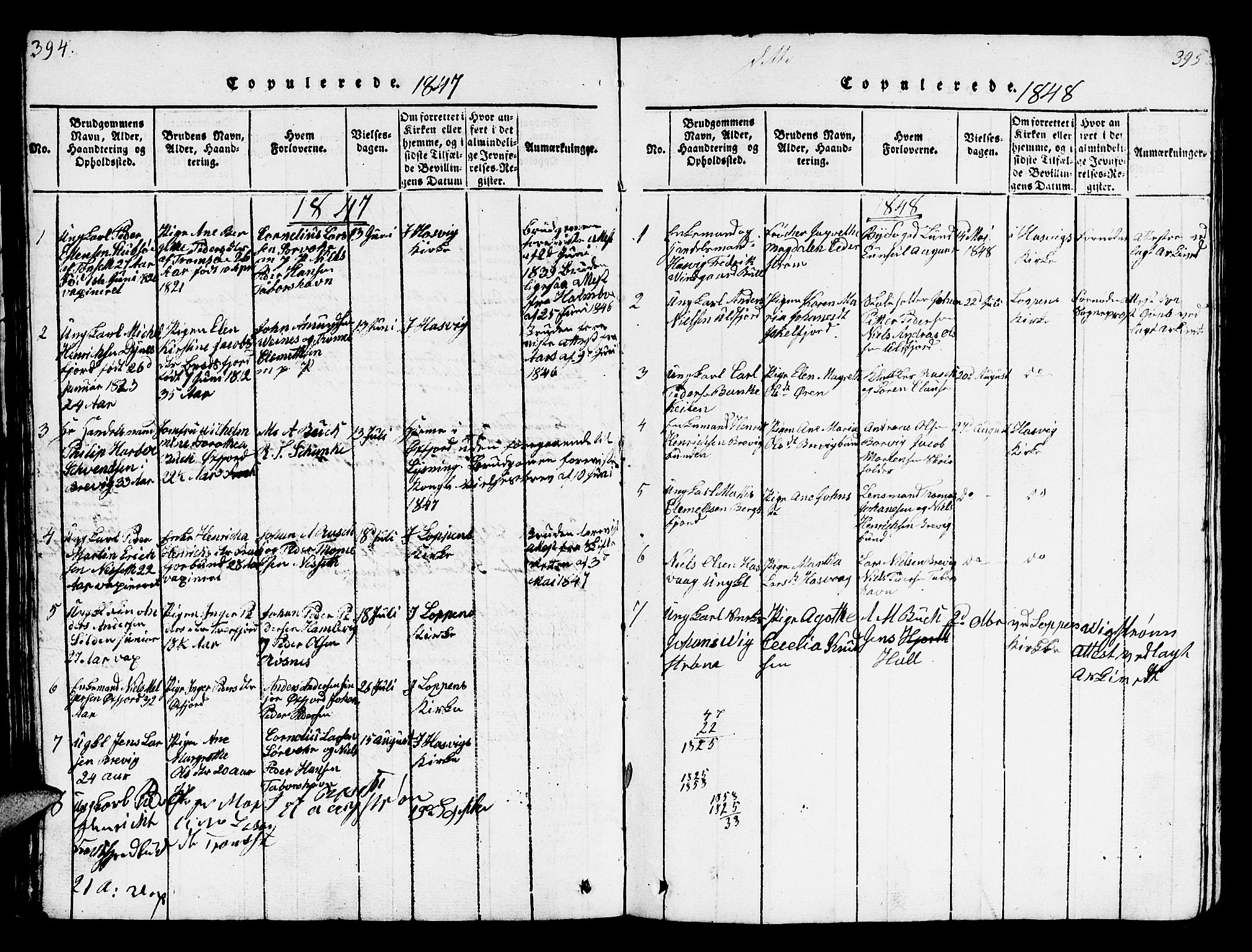 Loppa sokneprestkontor, SATØ/S-1339/H/Hb/L0001klokker: Parish register (copy) no. 1, 1820-1849, p. 394-395