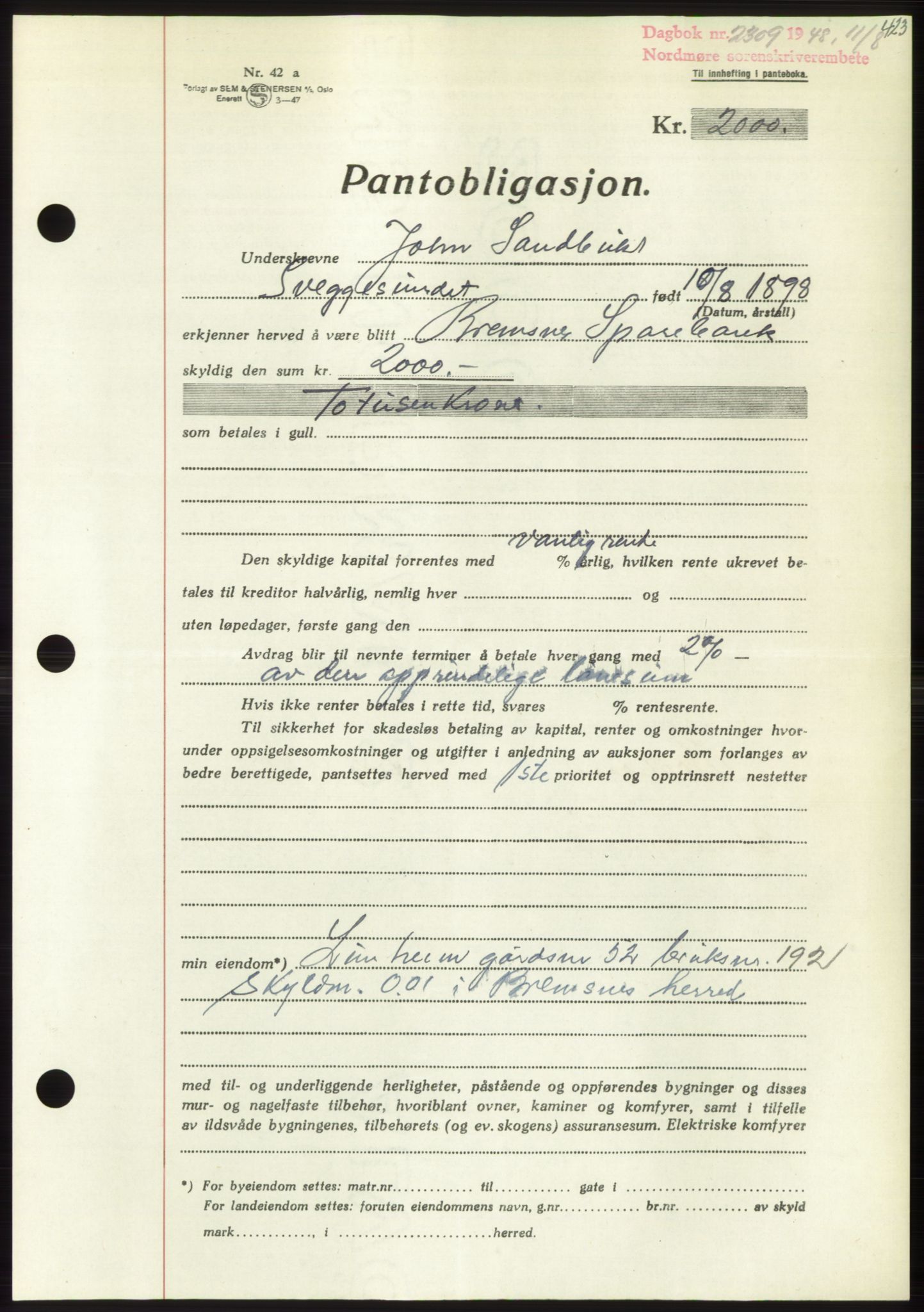 Nordmøre sorenskriveri, AV/SAT-A-4132/1/2/2Ca: Mortgage book no. B99, 1948-1948, Diary no: : 2309/1948