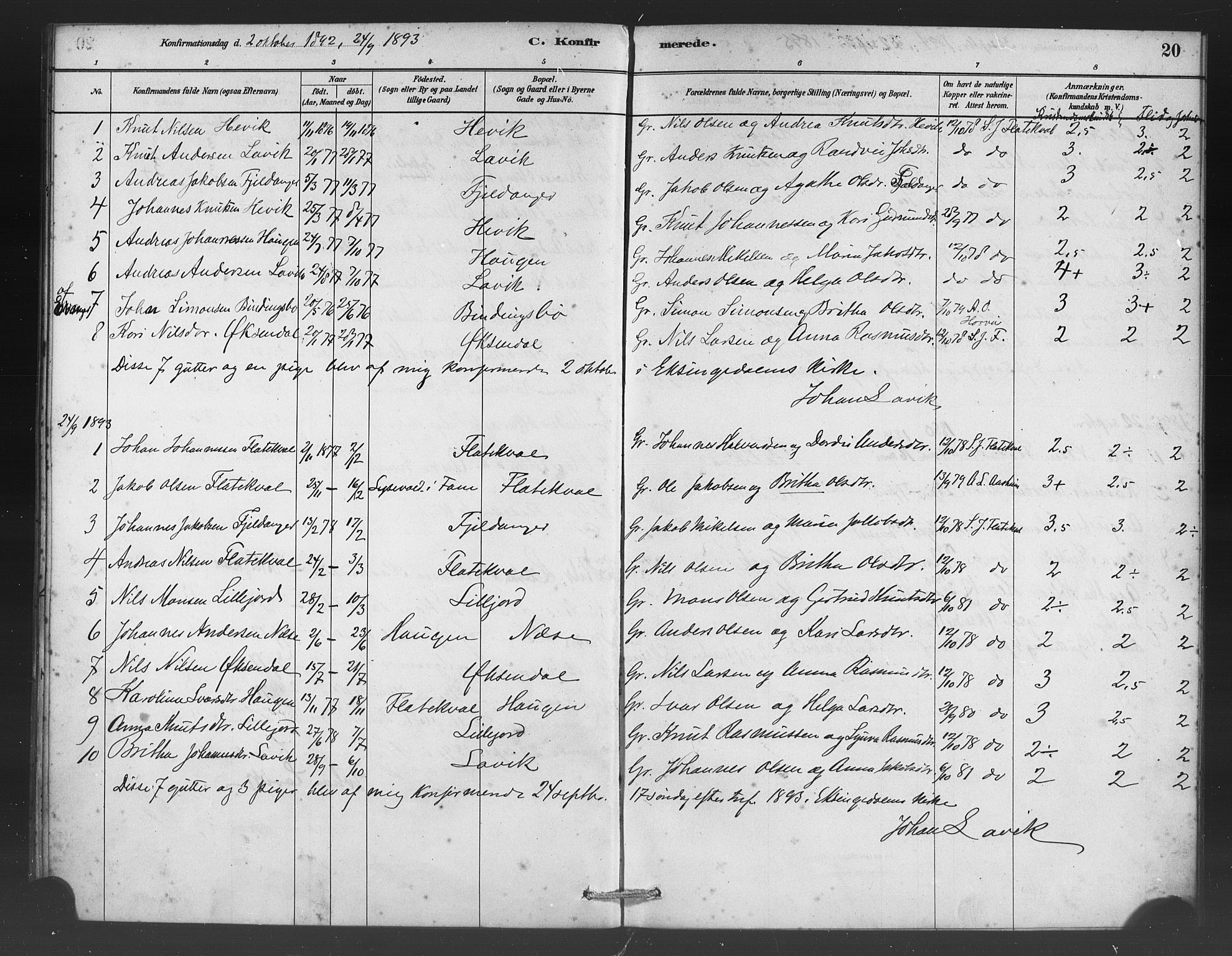 Vaksdal Sokneprestembete, SAB/A-78901/H/Haa: Parish register (official) no. C 1, 1881-1900, p. 20
