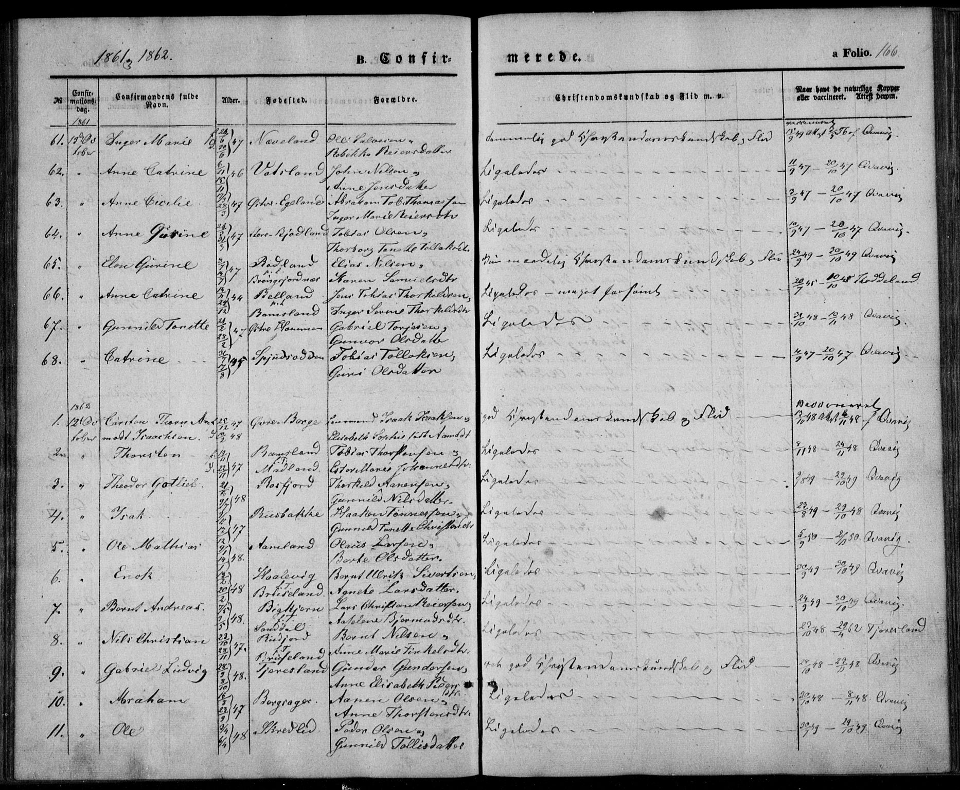 Lyngdal sokneprestkontor, AV/SAK-1111-0029/F/Fa/Fac/L0009: Parish register (official) no. A 9, 1852-1864, p. 166