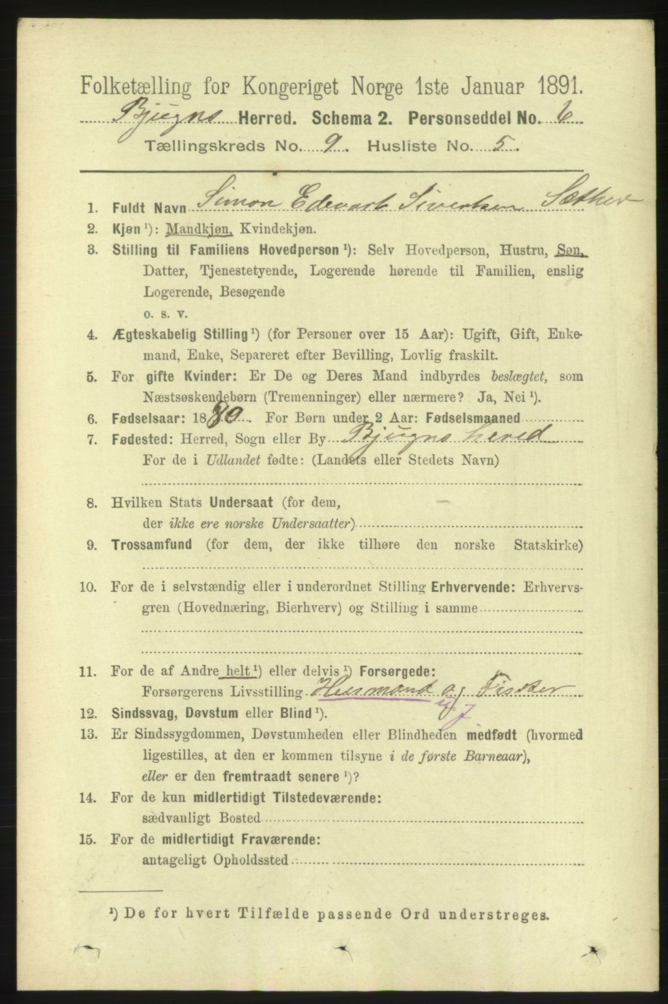 RA, 1891 census for 1627 Bjugn, 1891, p. 2407