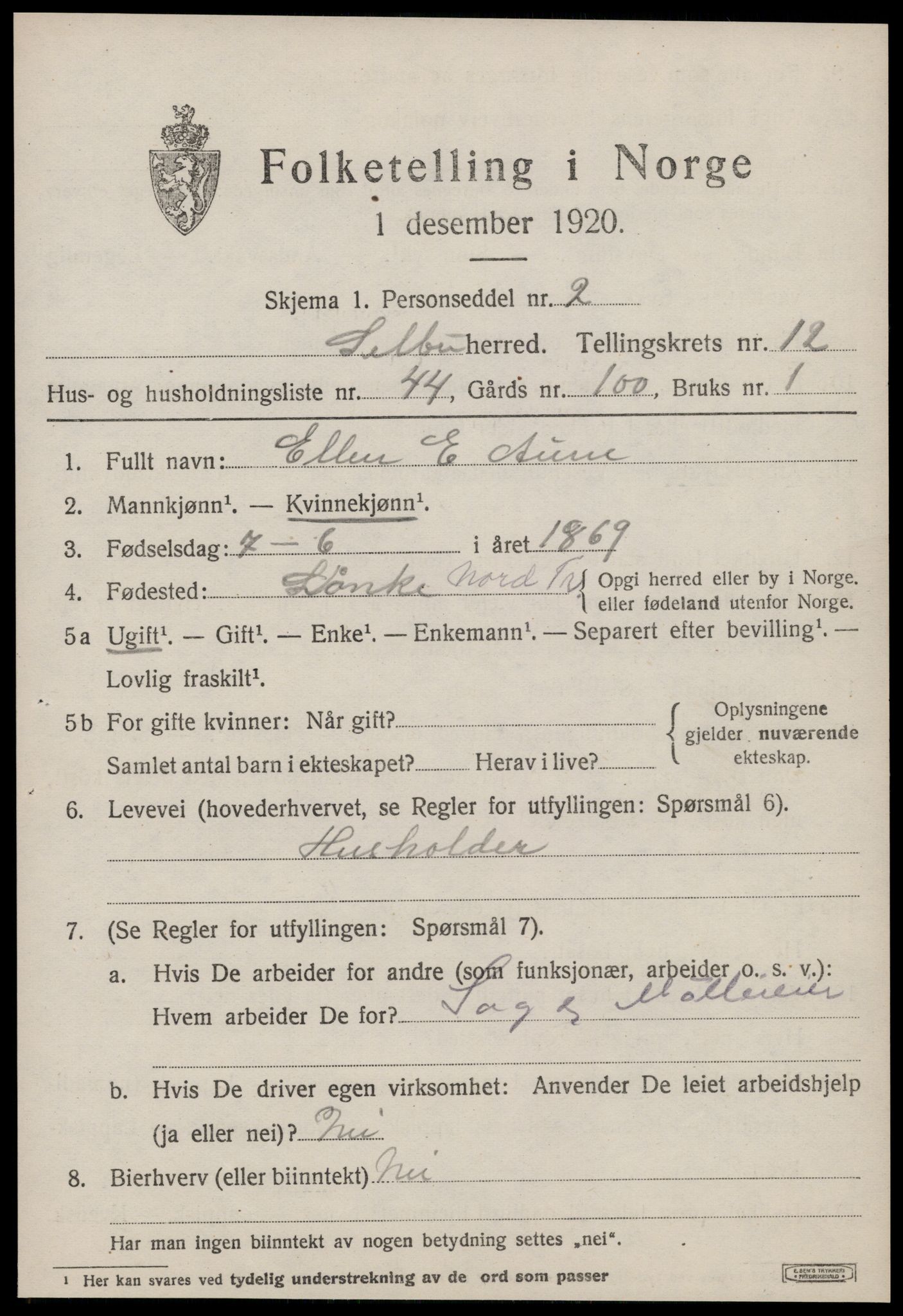 SAT, 1920 census for Selbu, 1920, p. 7002