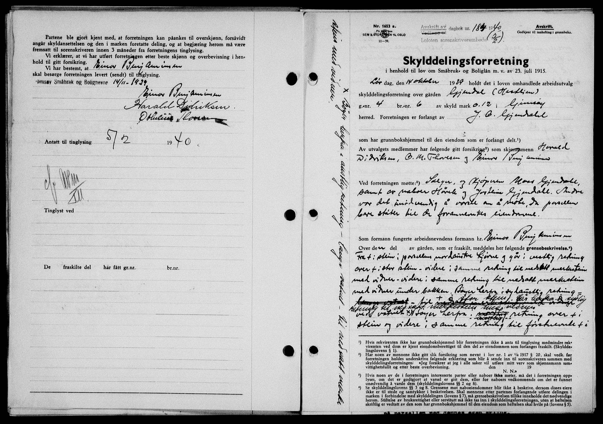 Lofoten sorenskriveri, SAT/A-0017/1/2/2C/L0007a: Mortgage book no. 7a, 1939-1940, Diary no: : 184/1940
