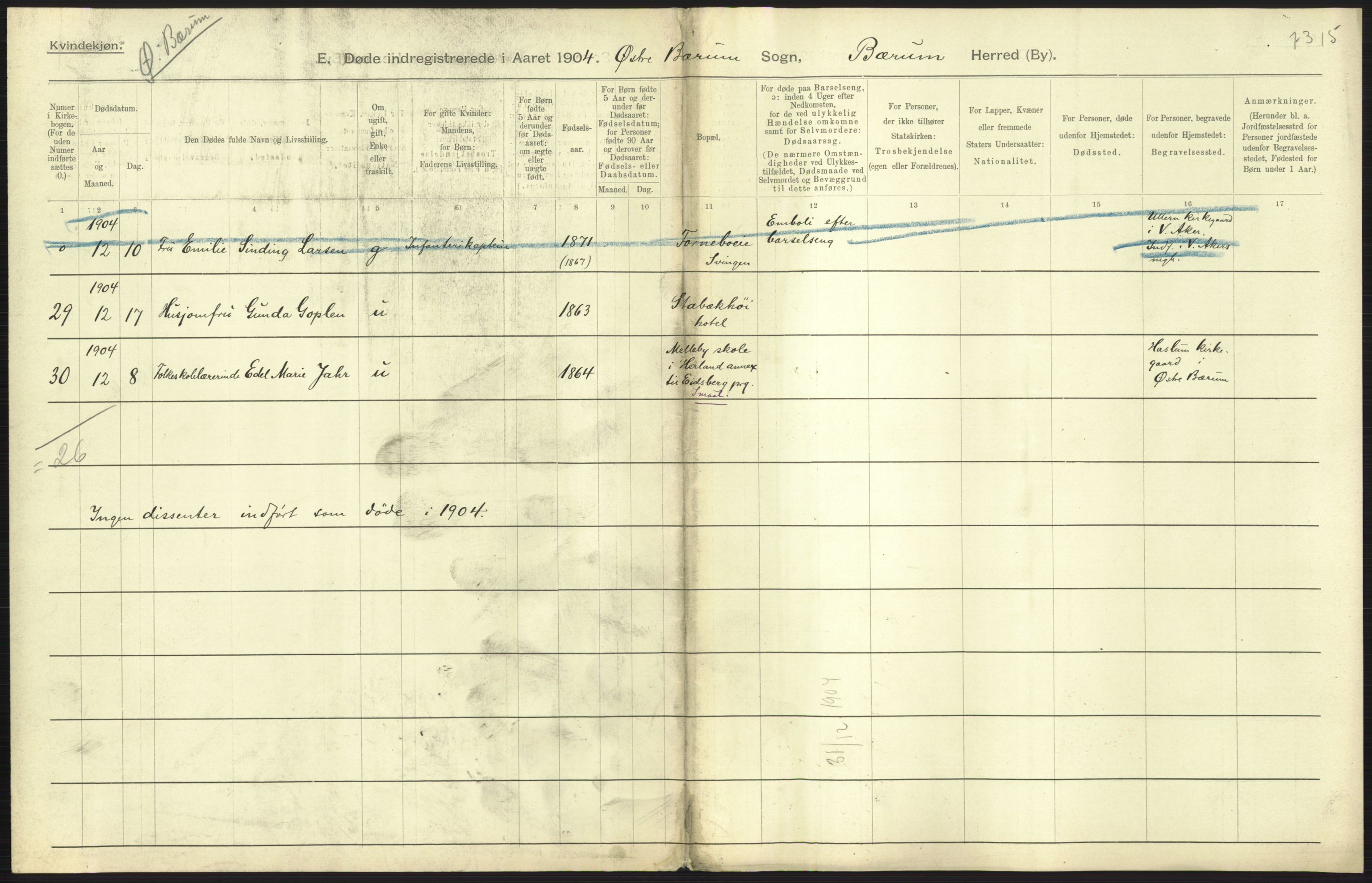 Statistisk sentralbyrå, Sosiodemografiske emner, Befolkning, AV/RA-S-2228/D/Df/Dfa/Dfab/L0002: Akershus amt: Fødte, gifte, døde, 1904, p. 573