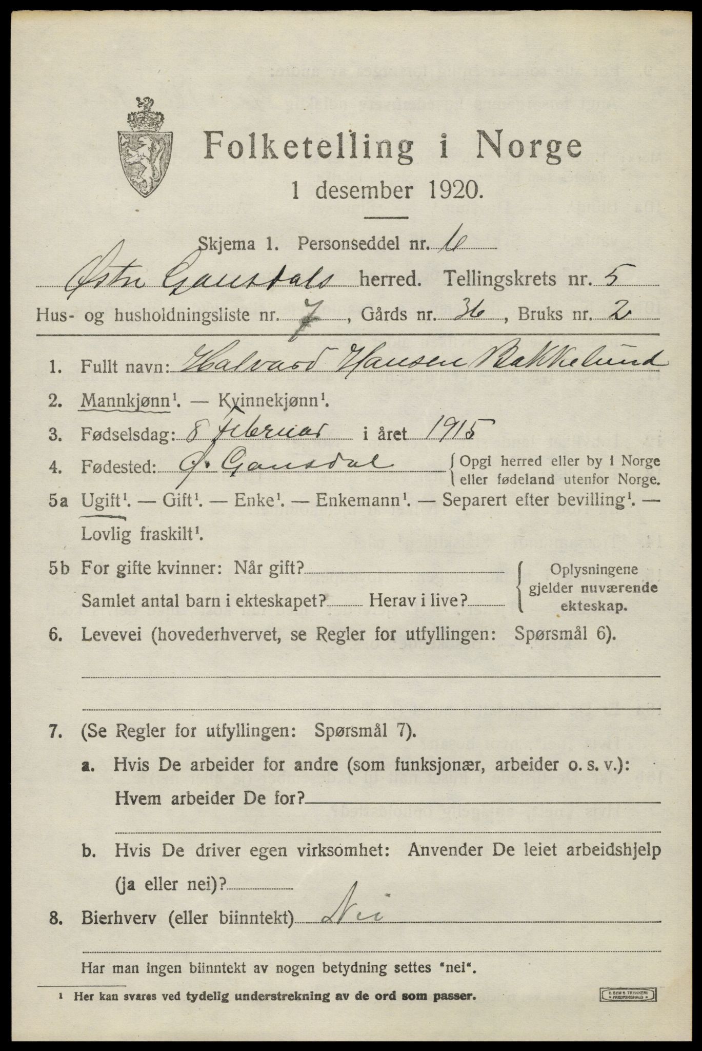 SAH, 1920 census for Østre Gausdal, 1920, p. 2780