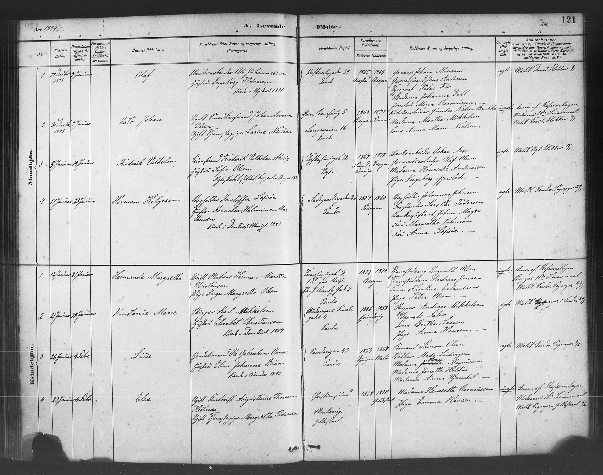 Fødselsstiftelsens sokneprestembete*, SAB/-: Parish register (official) no. A 2, 1884-1900, p. 121