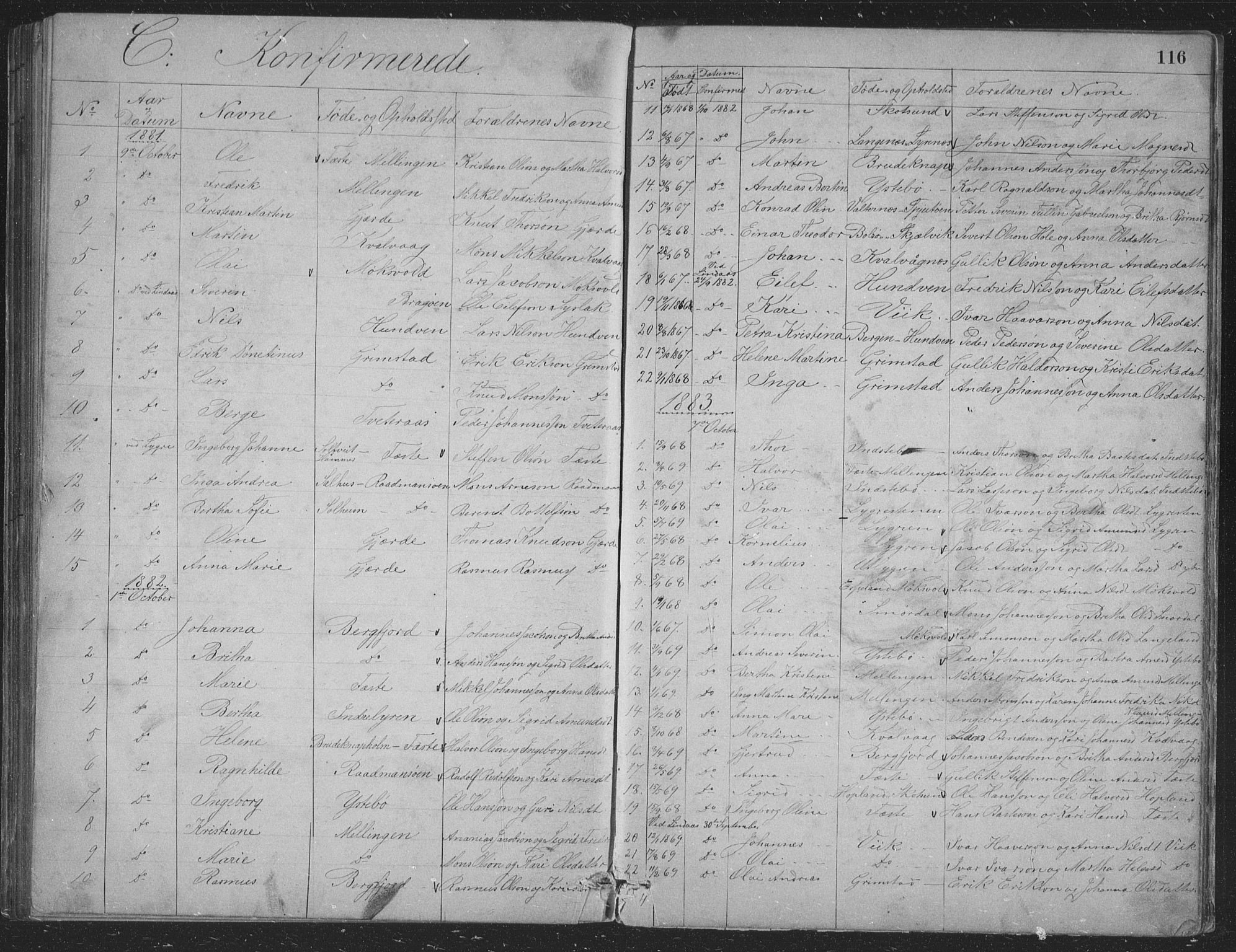 Alversund Sokneprestembete, SAB/A-73901/H/Ha/Hab: Parish register (copy) no. B 3, 1881-1896, p. 116