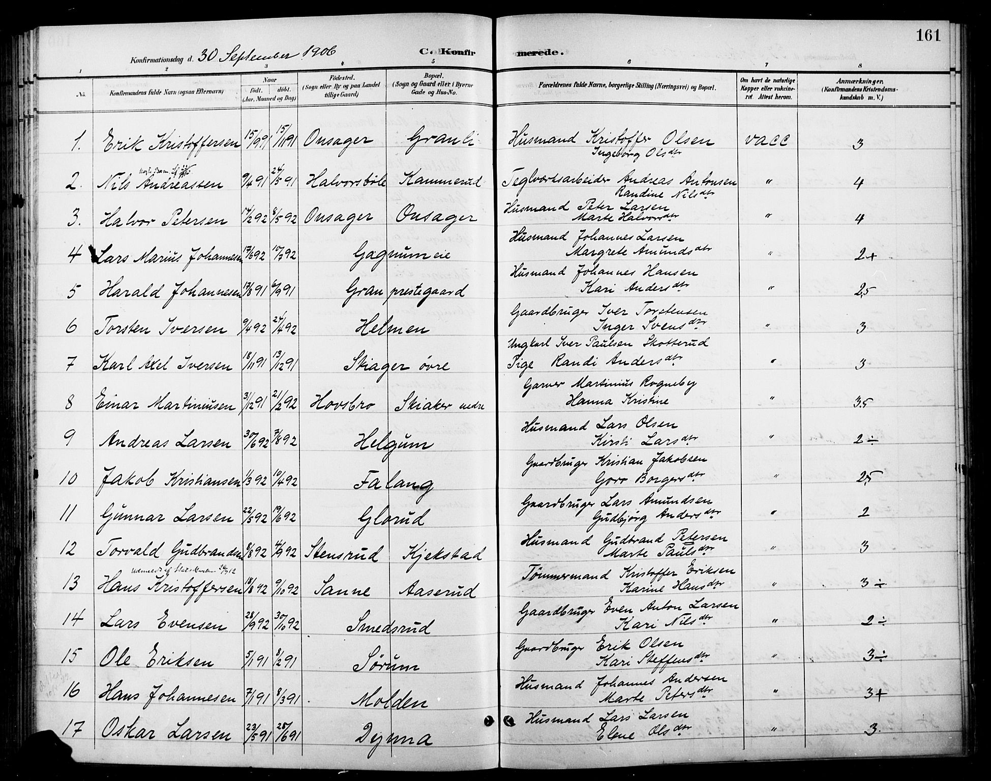 Gran prestekontor, SAH/PREST-112/H/Ha/Haa/L0019: Parish register (official) no. 19, 1898-1907, p. 161