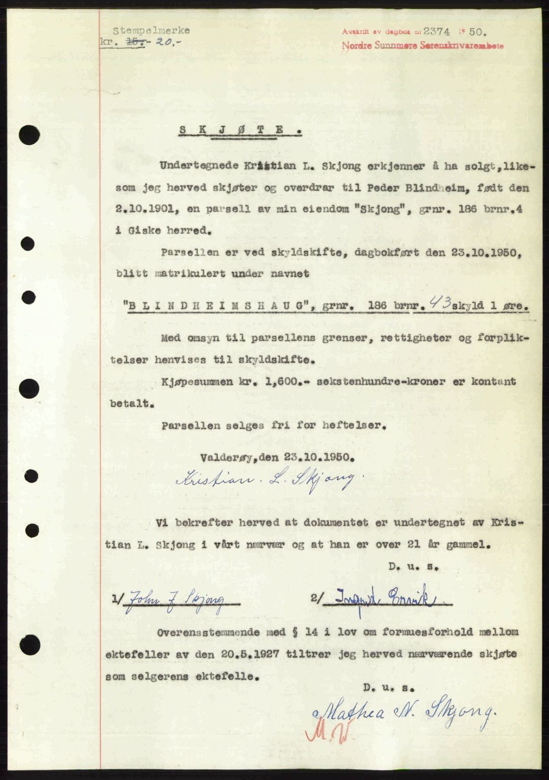 Nordre Sunnmøre sorenskriveri, AV/SAT-A-0006/1/2/2C/2Ca: Mortgage book no. A36, 1950-1950, Diary no: : 2374/1950