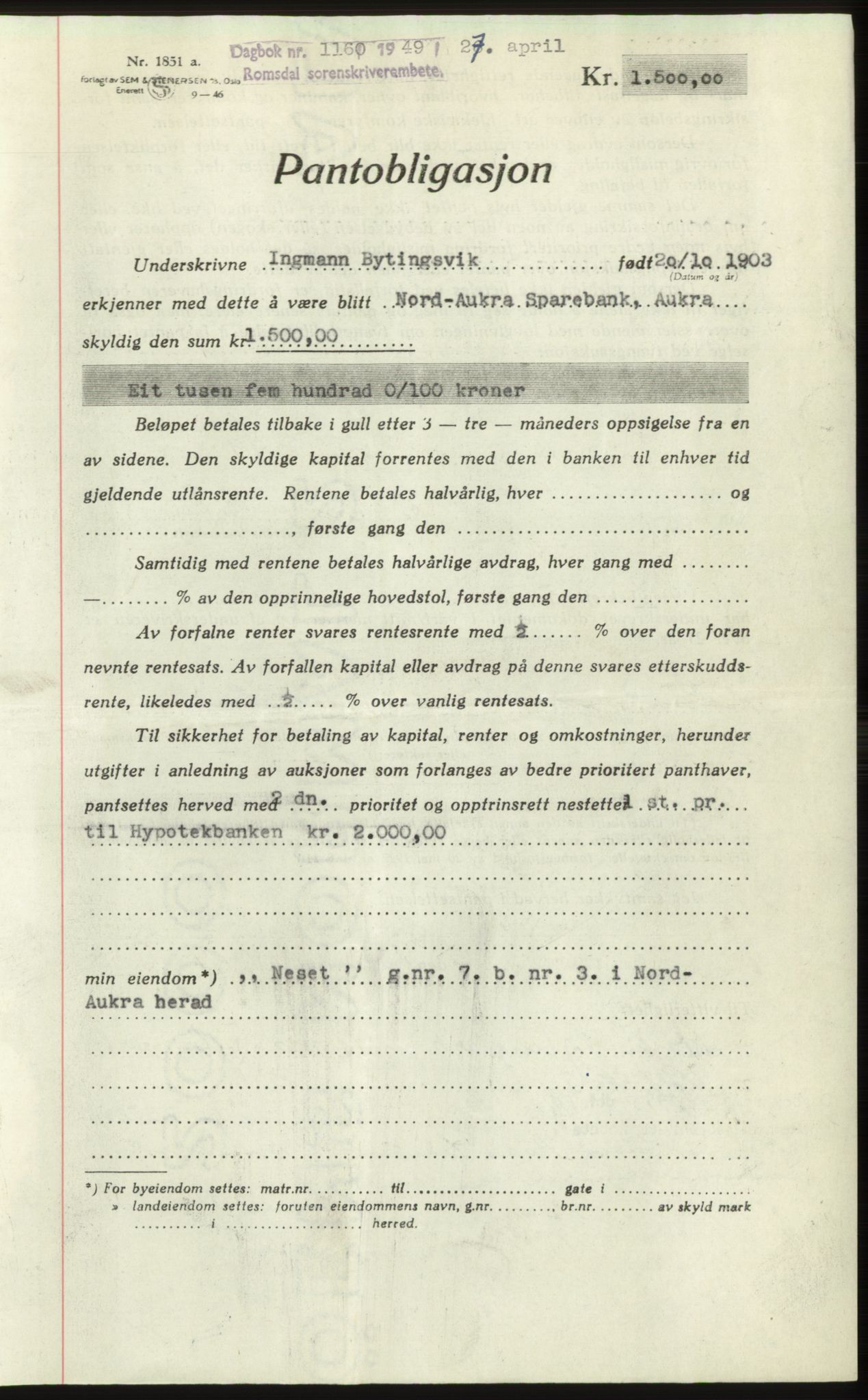 Romsdal sorenskriveri, AV/SAT-A-4149/1/2/2C: Mortgage book no. B4, 1948-1949, Diary no: : 1160/1949