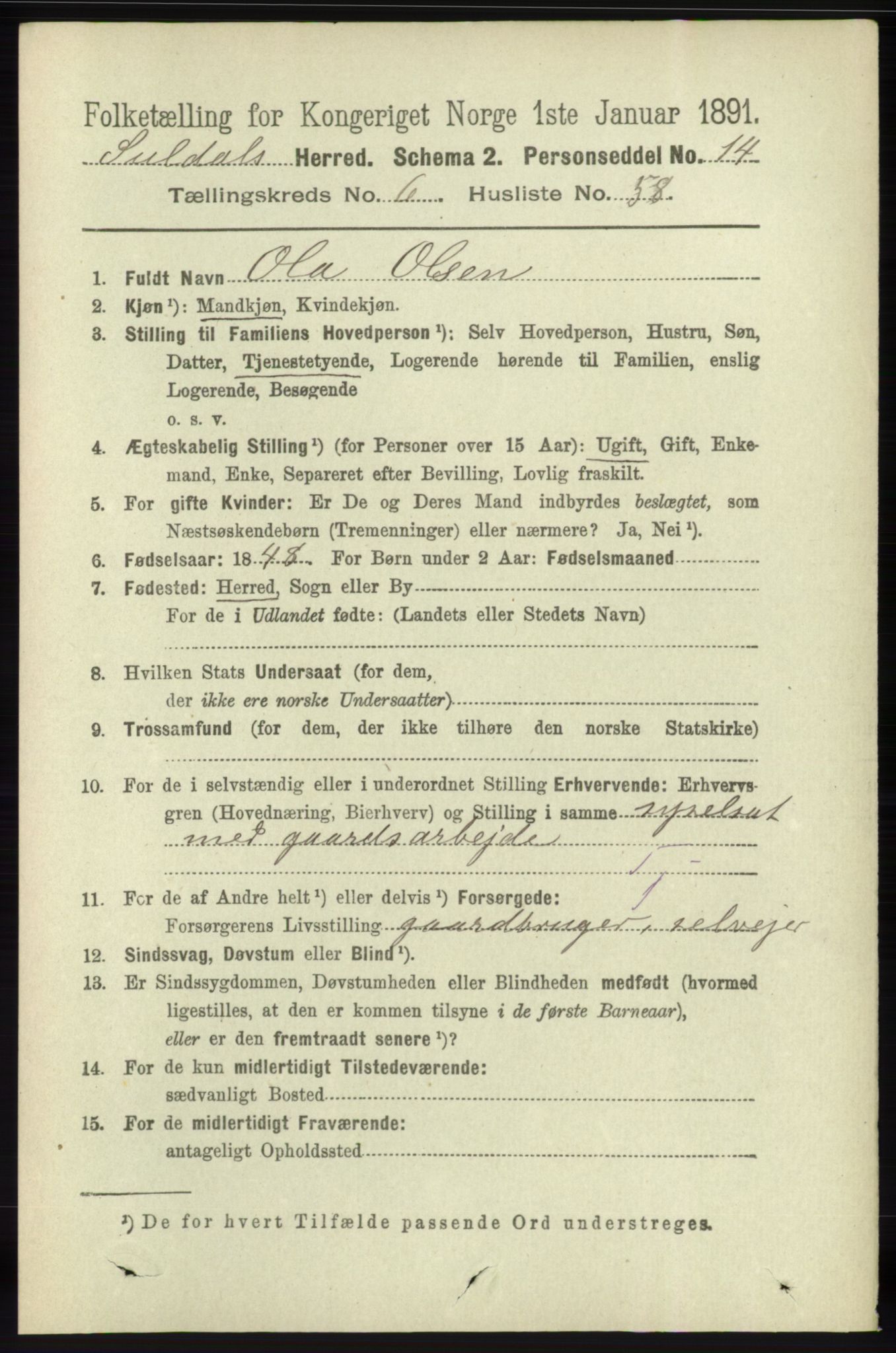 RA, 1891 census for 1134 Suldal, 1891, p. 1932