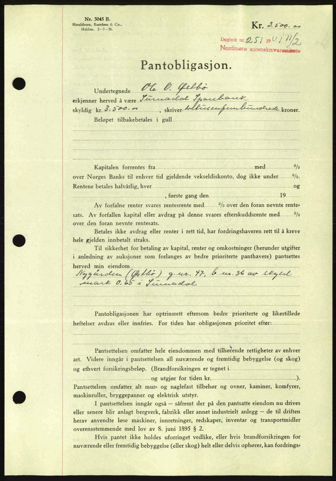 Nordmøre sorenskriveri, AV/SAT-A-4132/1/2/2Ca: Mortgage book no. B87, 1940-1941, Diary no: : 251/1941