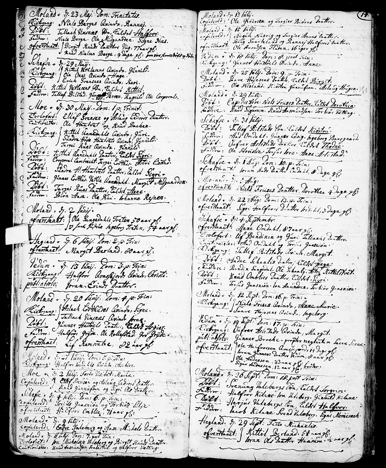 Fyresdal kirkebøker, SAKO/A-263/F/Fa/L0001: Parish register (official) no. I 1, 1724-1748, p. 14