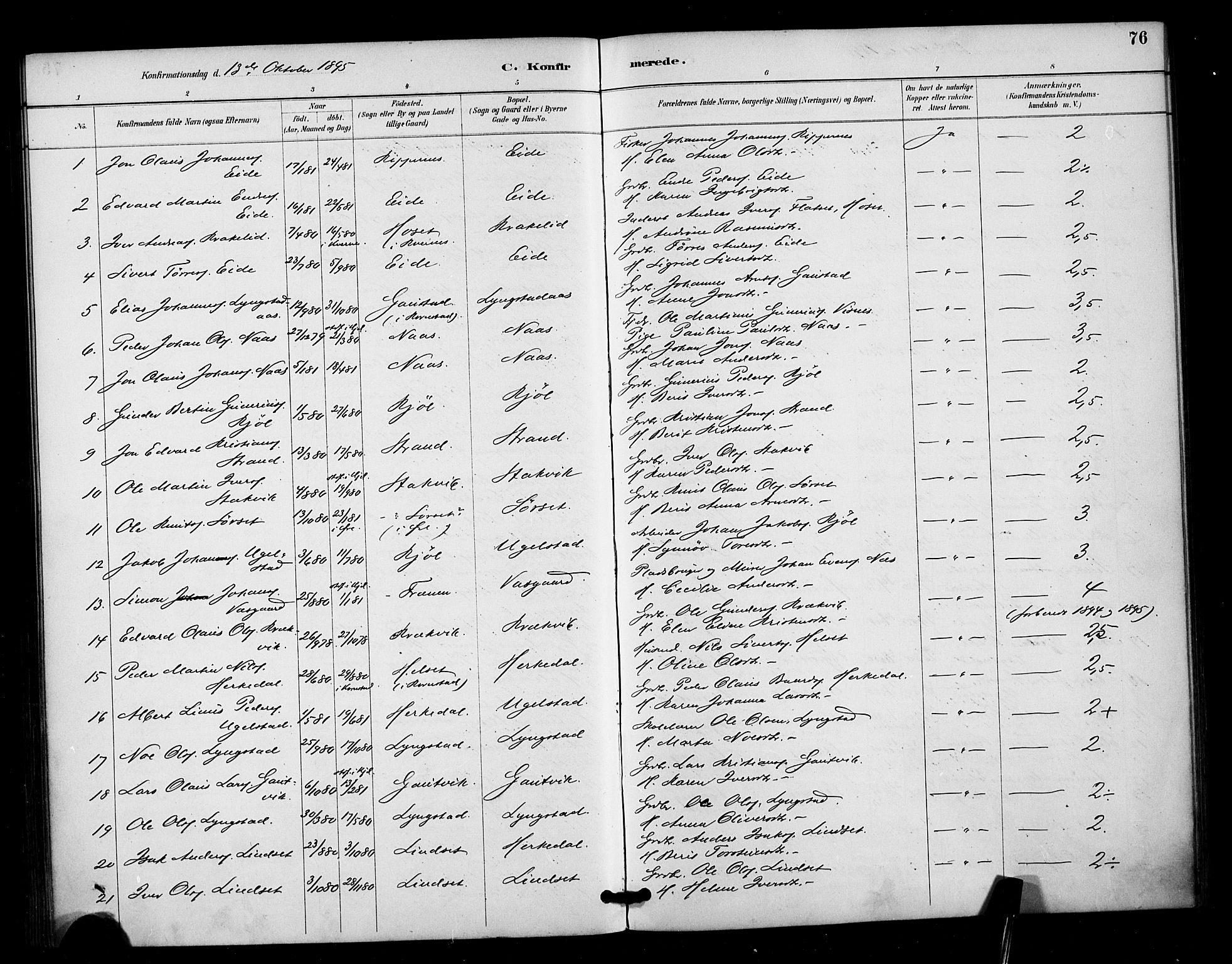 Ministerialprotokoller, klokkerbøker og fødselsregistre - Møre og Romsdal, SAT/A-1454/571/L0836: Parish register (official) no. 571A01, 1884-1899, p. 76