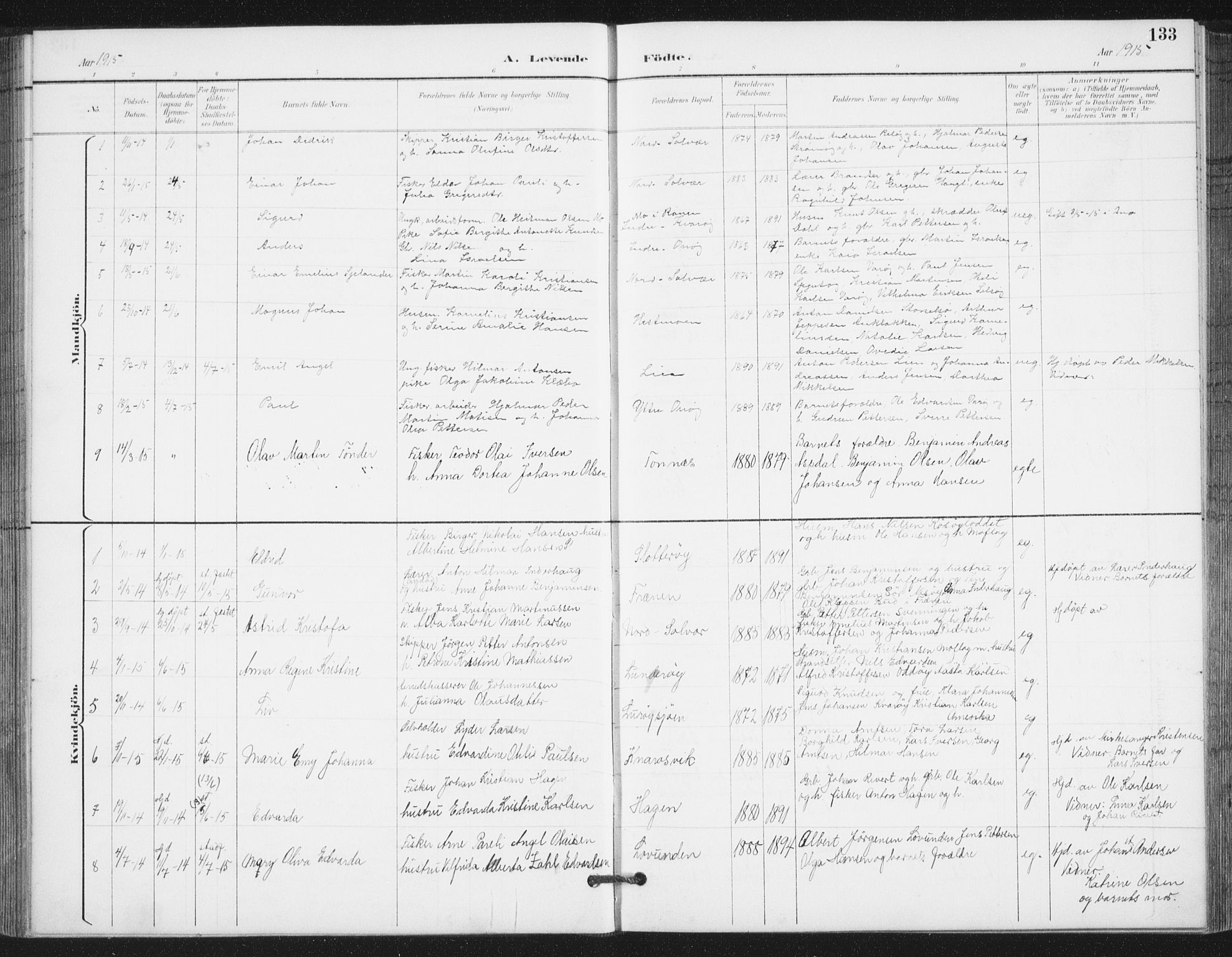 Ministerialprotokoller, klokkerbøker og fødselsregistre - Nordland, AV/SAT-A-1459/839/L0573: Parish register (copy) no. 839C03, 1892-1917, p. 133