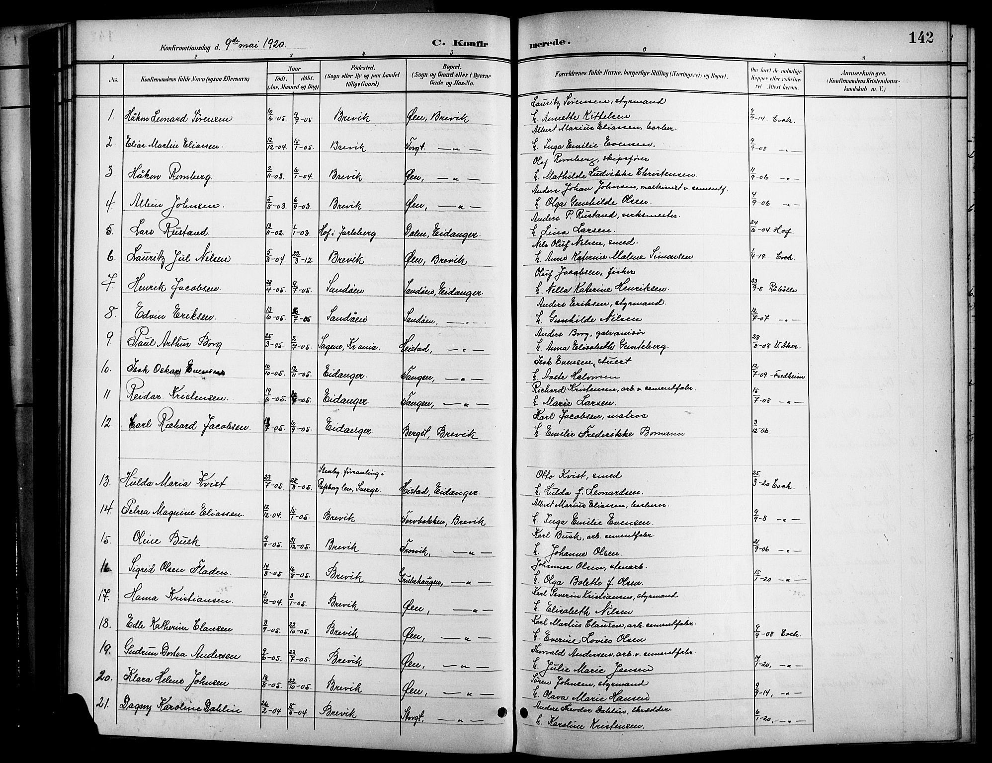 Brevik kirkebøker, SAKO/A-255/G/Ga/L0005: Parish register (copy) no. 5, 1901-1924, p. 142