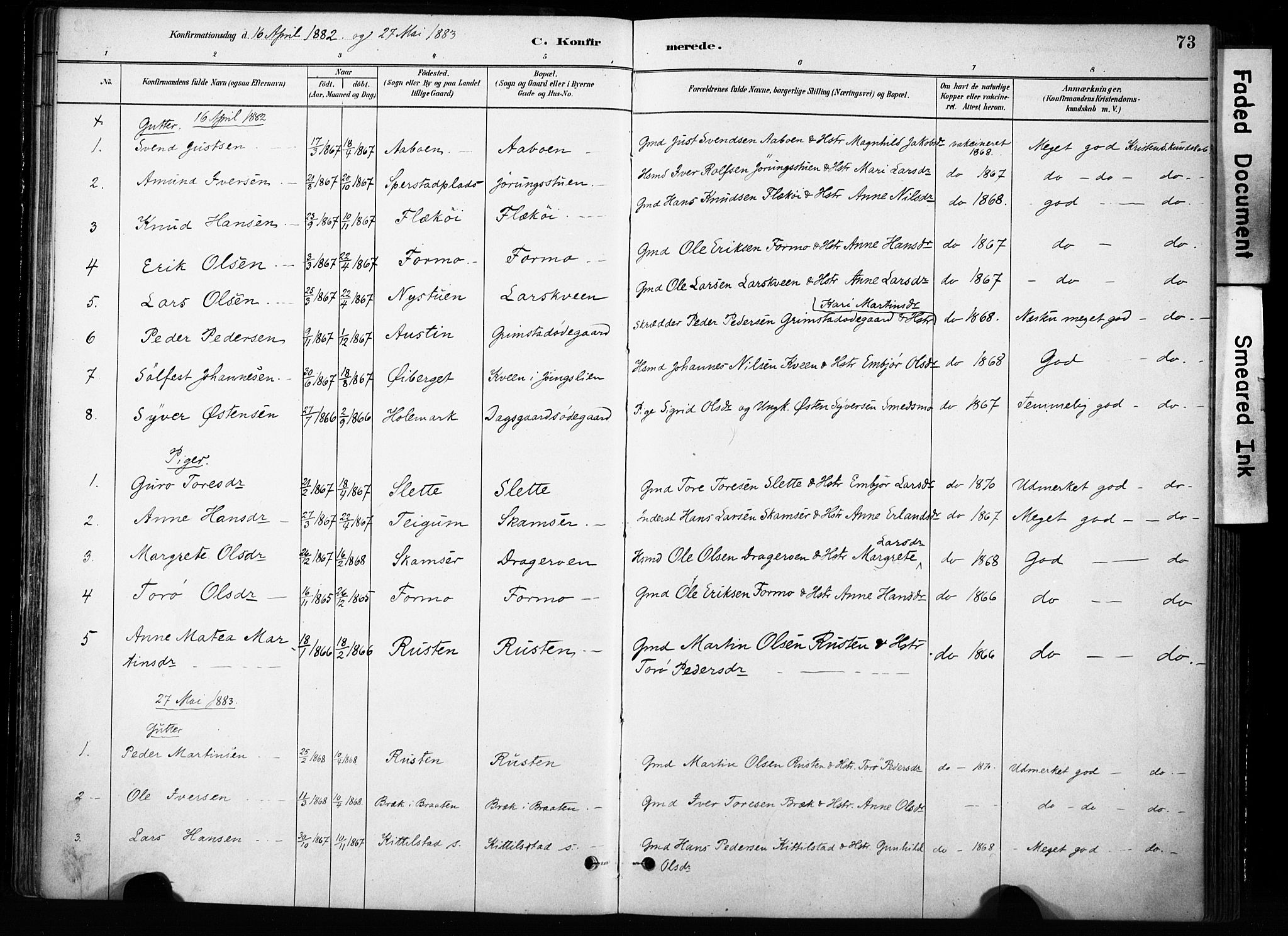 Skjåk prestekontor, SAH/PREST-072/H/Ha/Haa/L0004: Parish register (official) no. 4, 1880-1904, p. 73